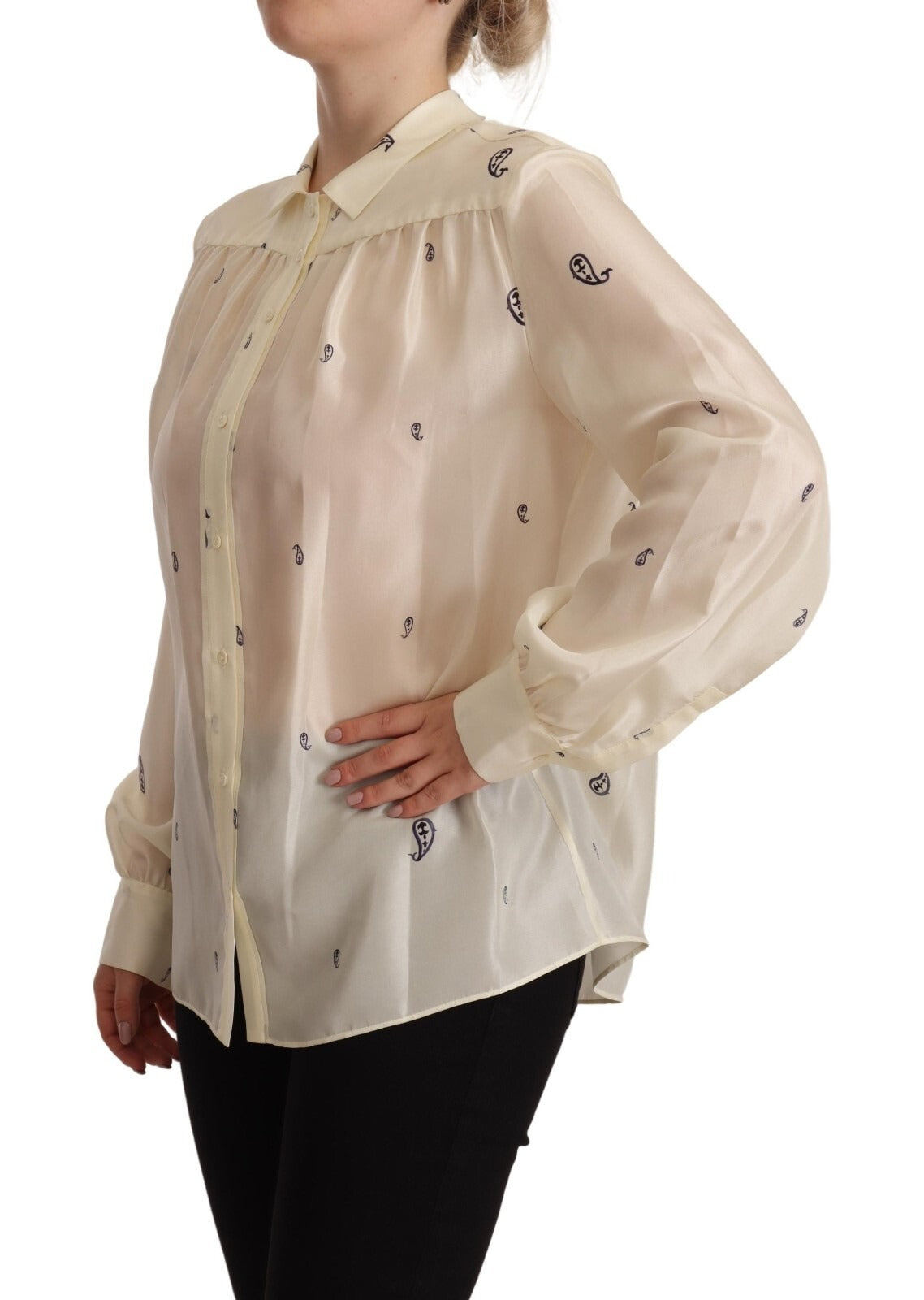 Aspesi Off White 100% Silk Long Sleeves Collared Top Blouse | Regal Royce