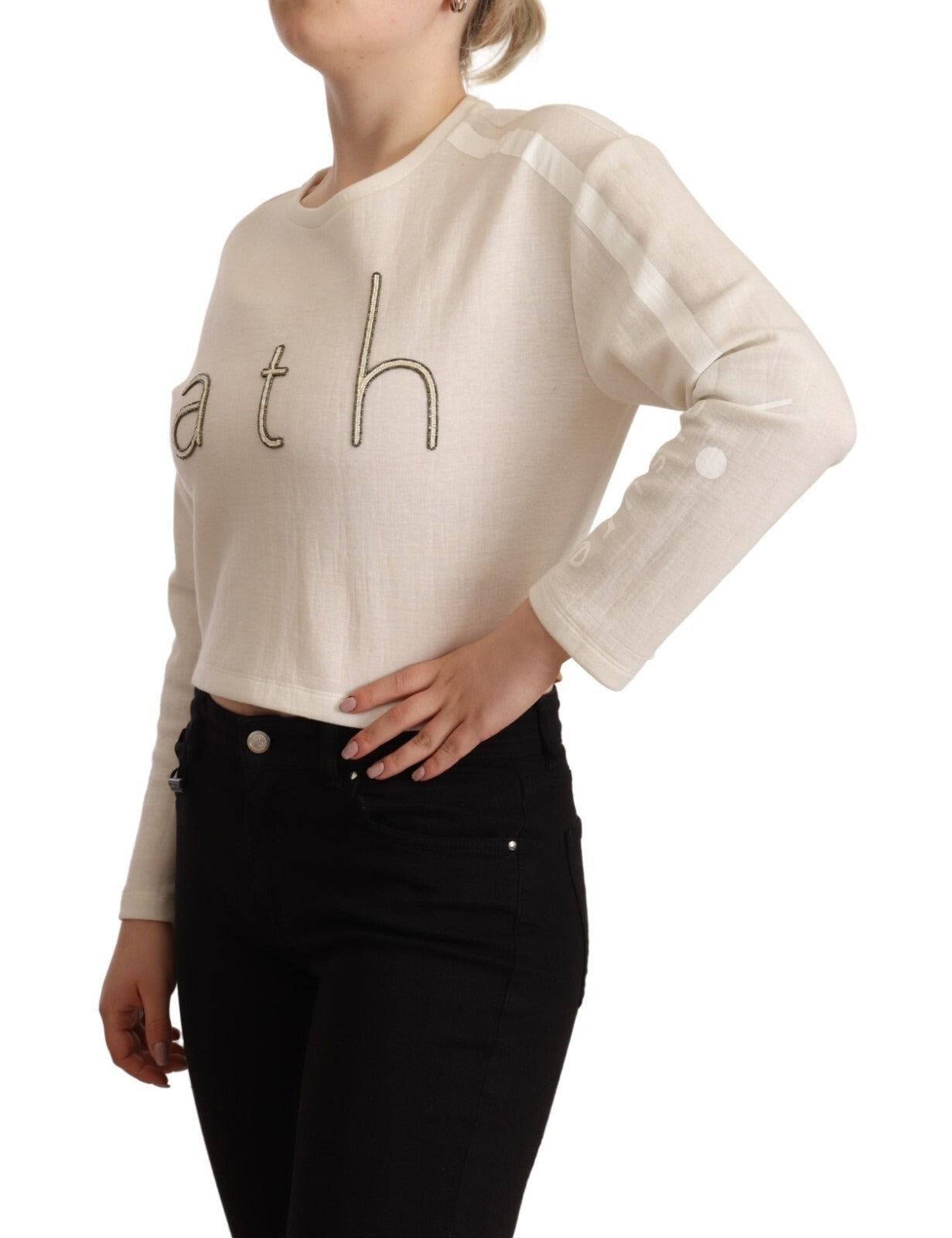 PINKO Beige Logo Long Sleeve Cropped Pullover Sweater | Regal Royce
