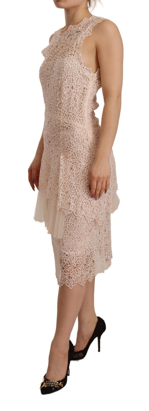 Ermanno Scervino Sheath Tiered Beige Viscose Sleeveless Midi Dress | Regal Royce