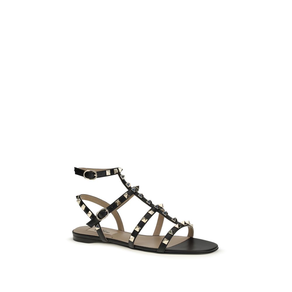Valentino Garavani Black Calf Leather Bos Taurus Flat Sandals | Regal Royce