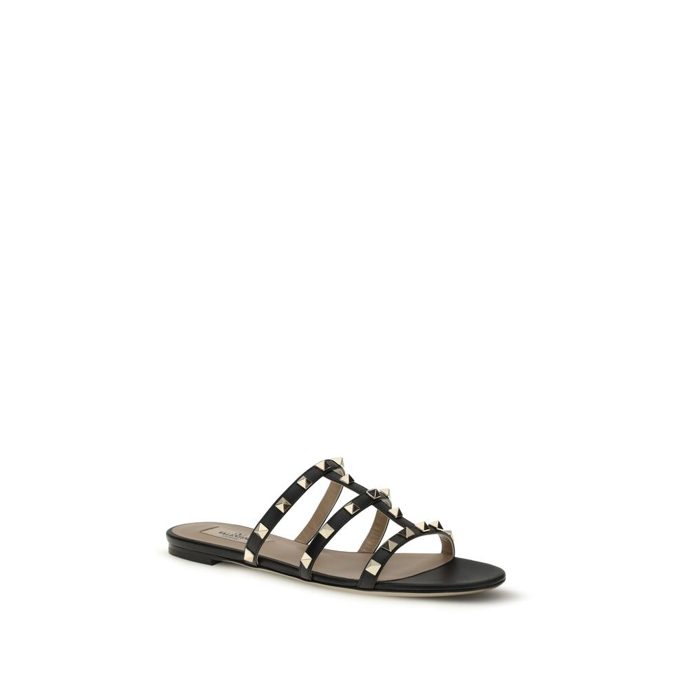 Valentino Garavani Black Calf Leather Bos Taurus Flat Sandals | Regal Royce