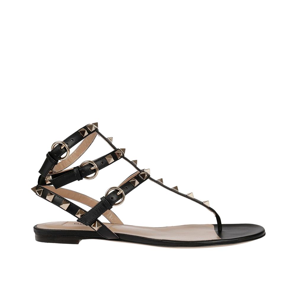 Valentino Garavani Black Calfskin Flat Sandals | Regal Royce