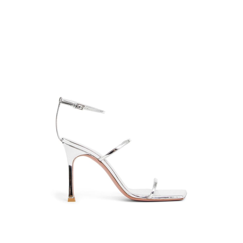 Amina Muaddi Silver Calfskin Stiletto Heel Sandals | Regal Royce