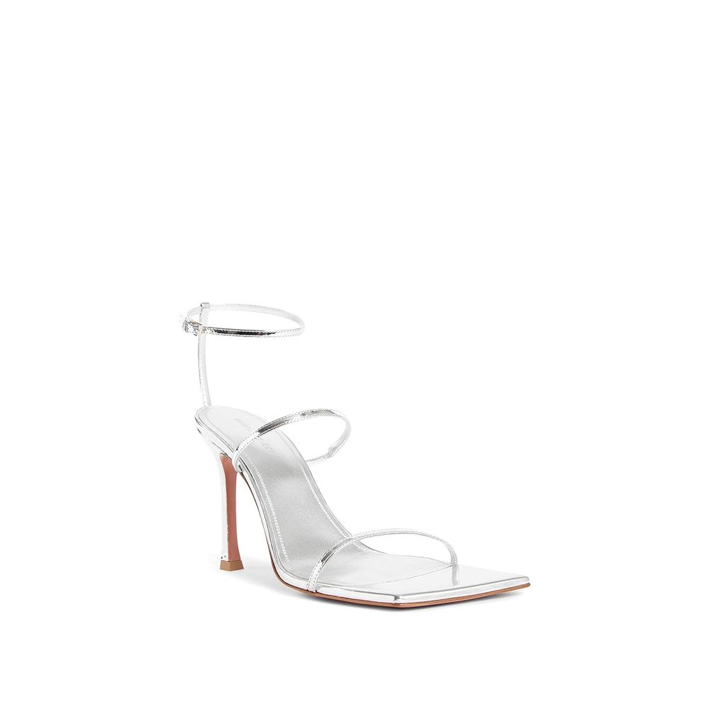Amina Muaddi Silver Calfskin Stiletto Heel Sandals | Regal Royce