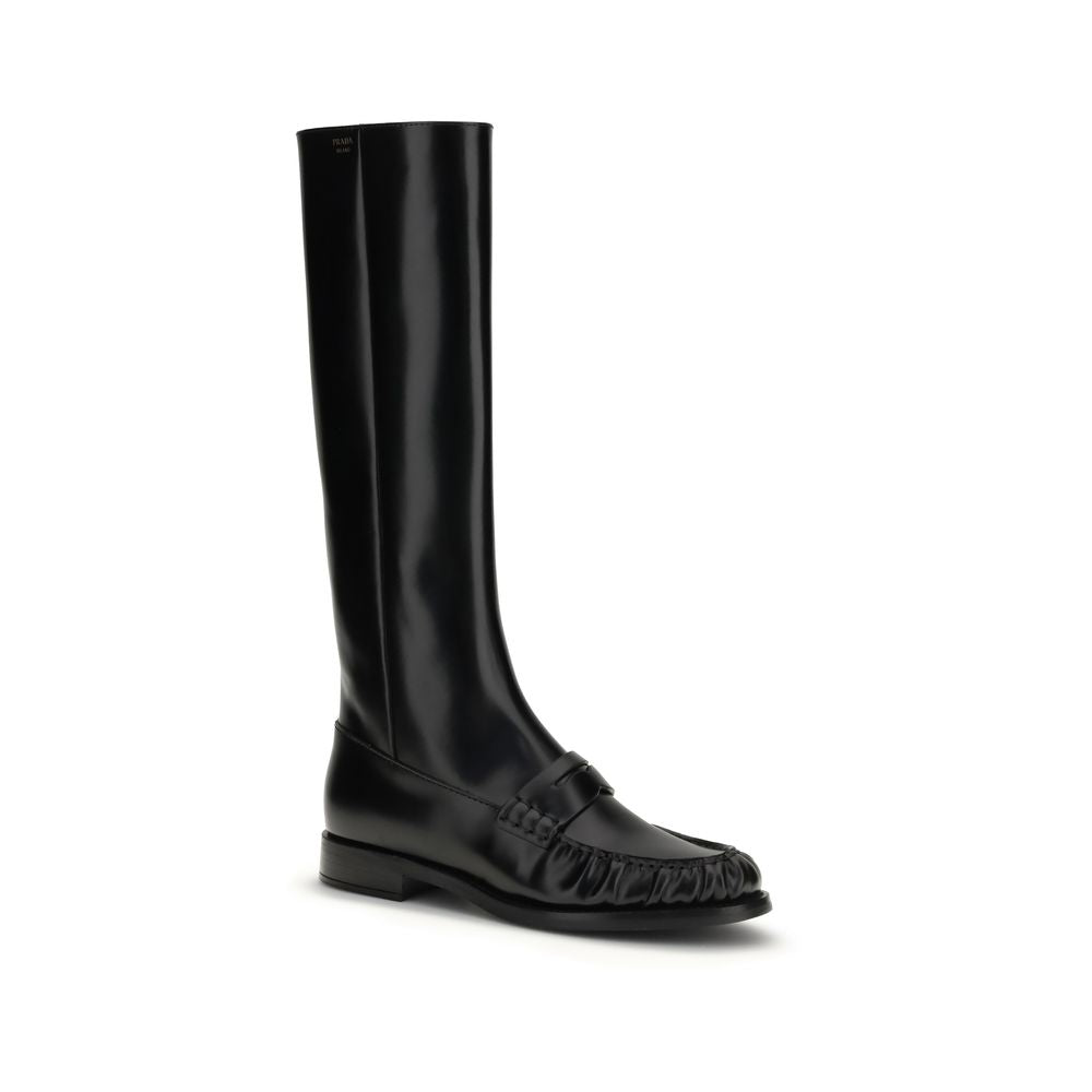Prada Black Calf Leather Bos Taurus Flat Boots | Regal Royce