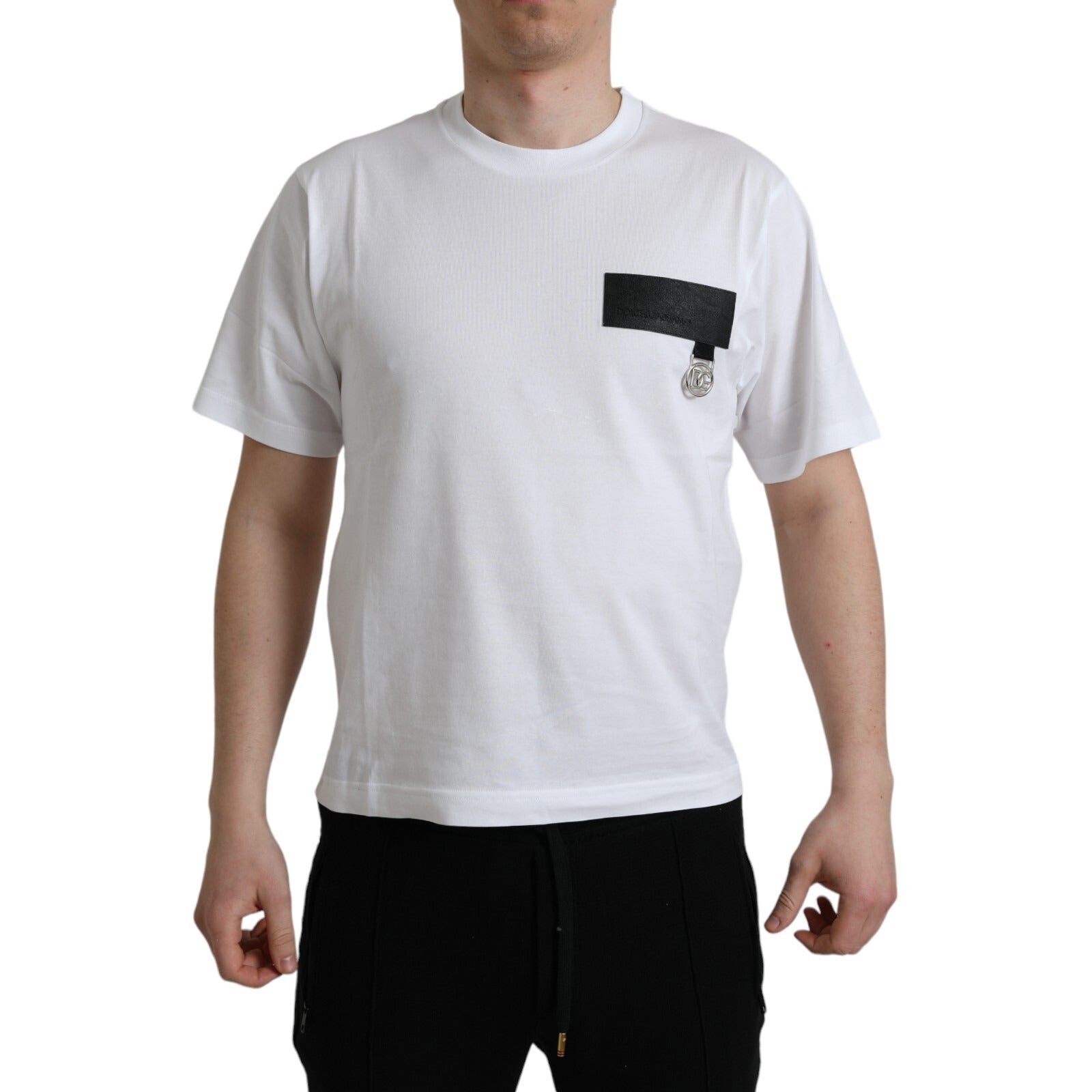Dolce & Gabbana White Logo Patch Cotton Crew Neck T-shirt | Regal Royce