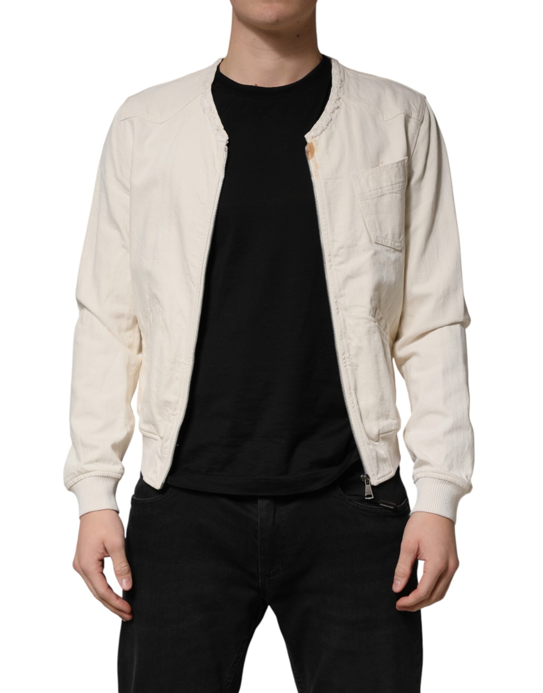 Dolce & Gabbana Off White Cotton Full Zip Denim Men Blouson Jacket | Regal Royce