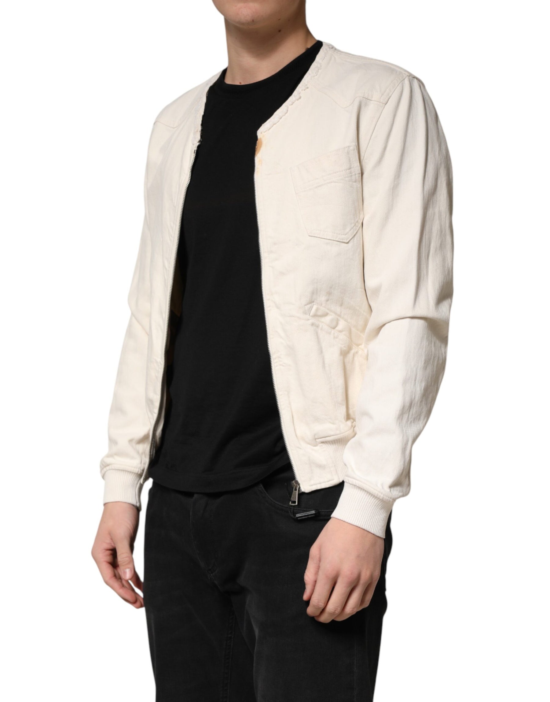 Dolce & Gabbana Off White Cotton Full Zip Denim Men Blouson Jacket | Regal Royce