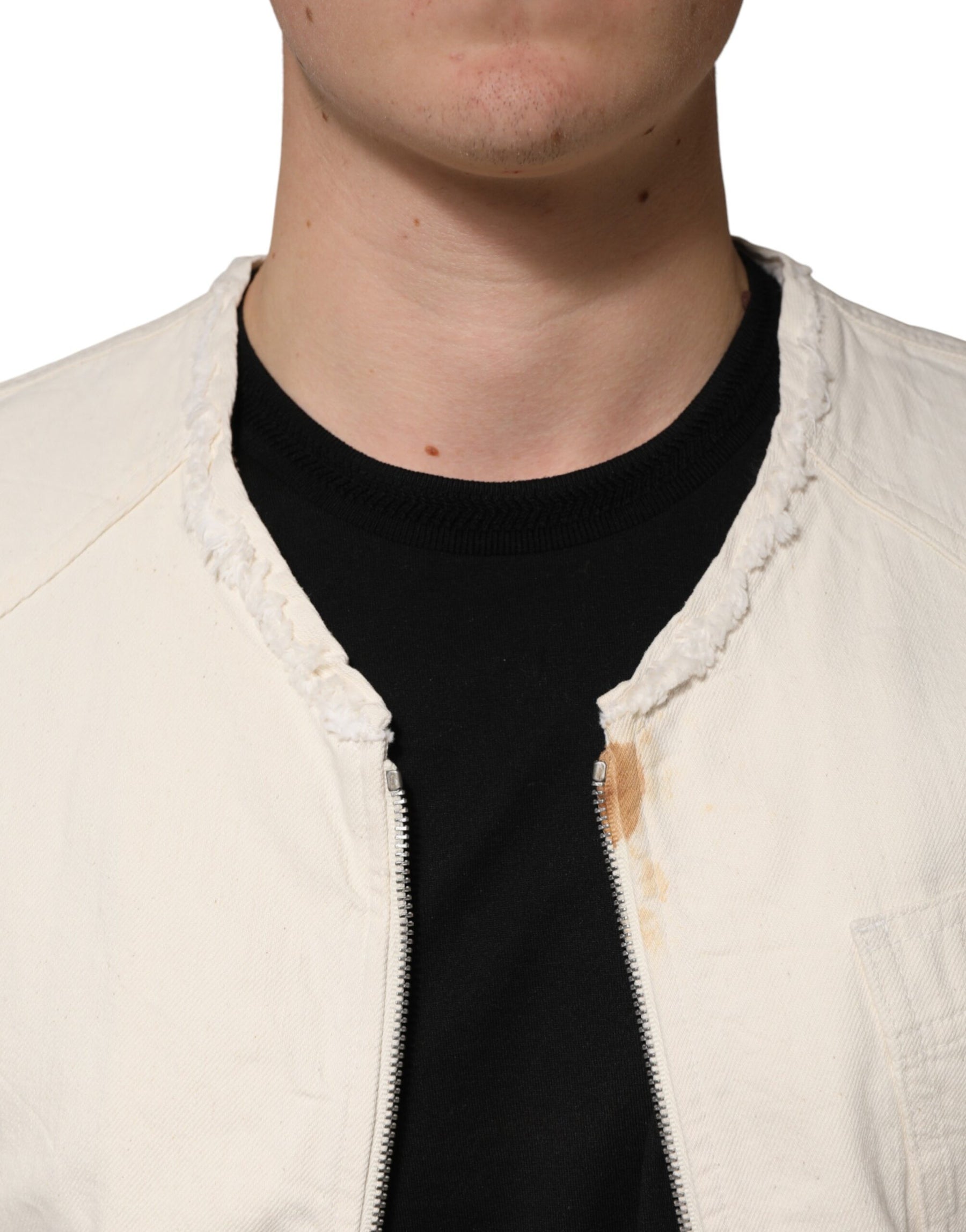 Dolce & Gabbana Off White Cotton Full Zip Denim Men Blouson Jacket | Regal Royce