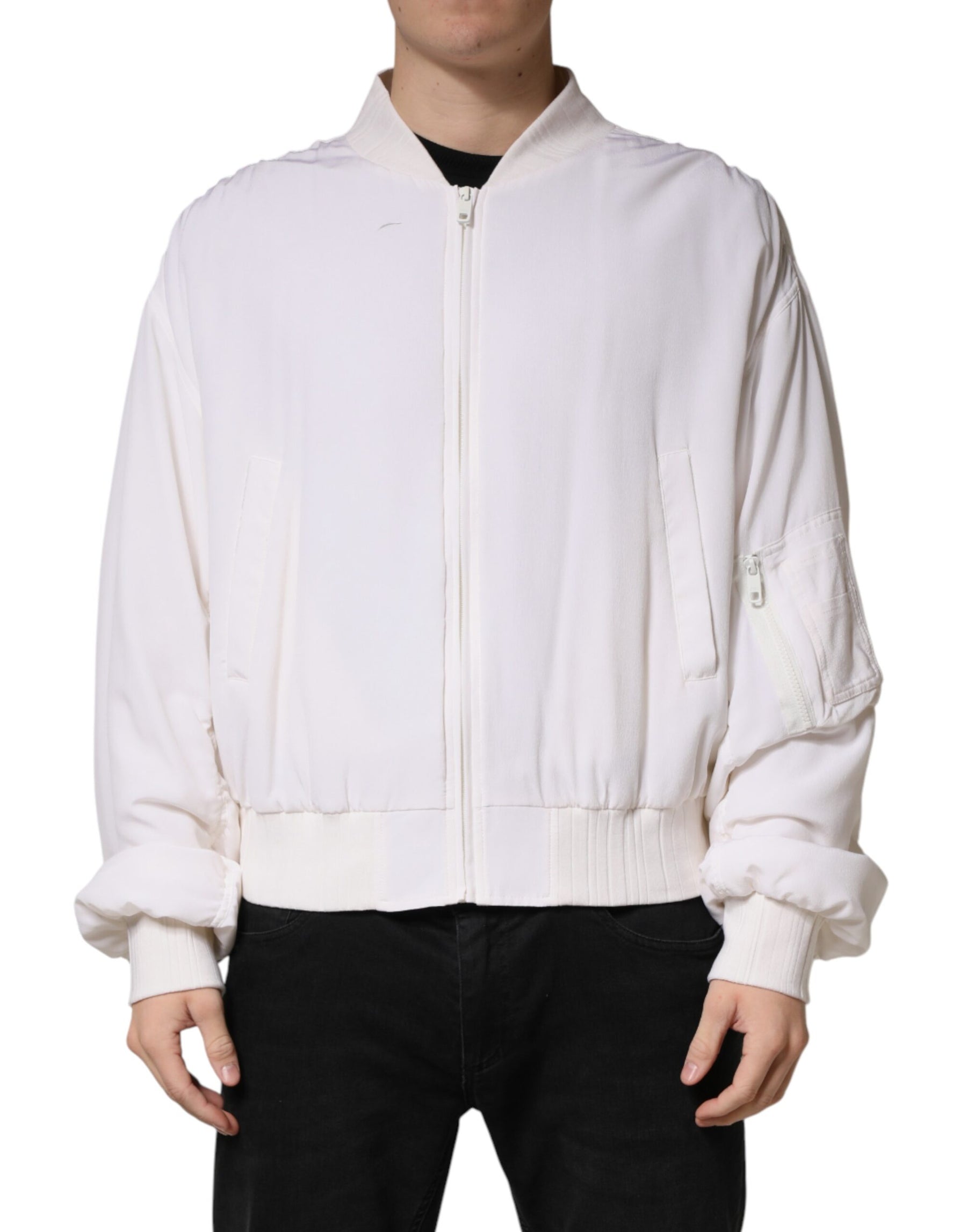 Dolce & Gabbana White Silk Full Zip Bomber Blouson Jacket | Regal Royce