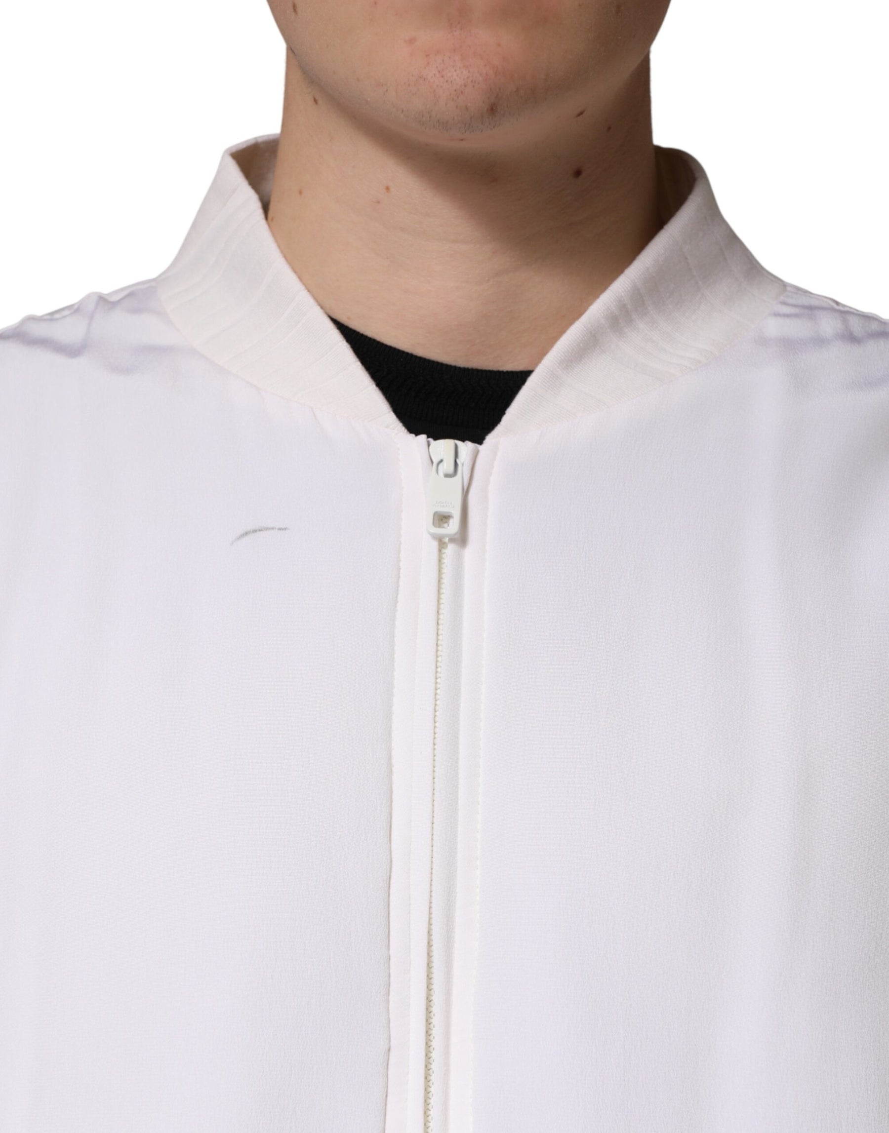 Dolce & Gabbana White Silk Full Zip Bomber Blouson Jacket | Regal Royce