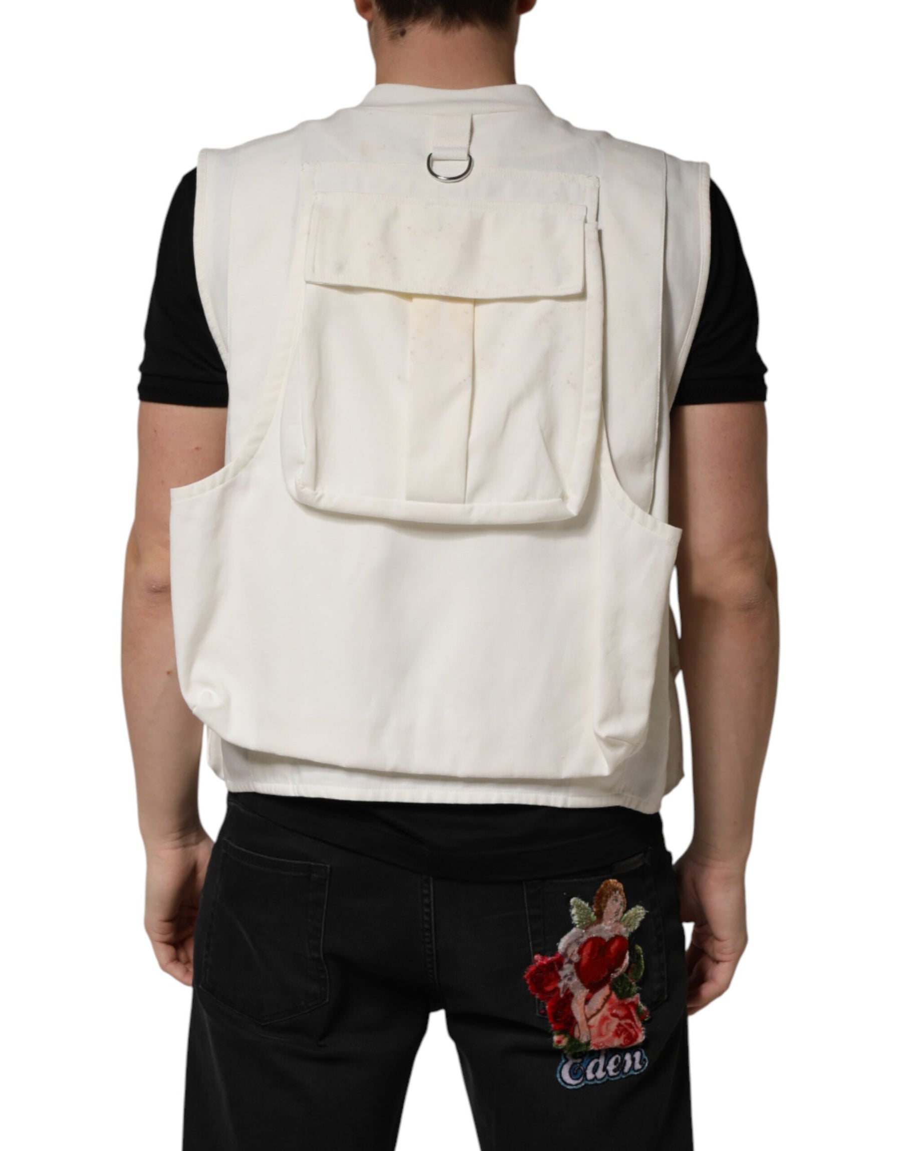 Dolce & Gabbana White Cotton Cargo Men Vest Coat Jacket | Regal Royce