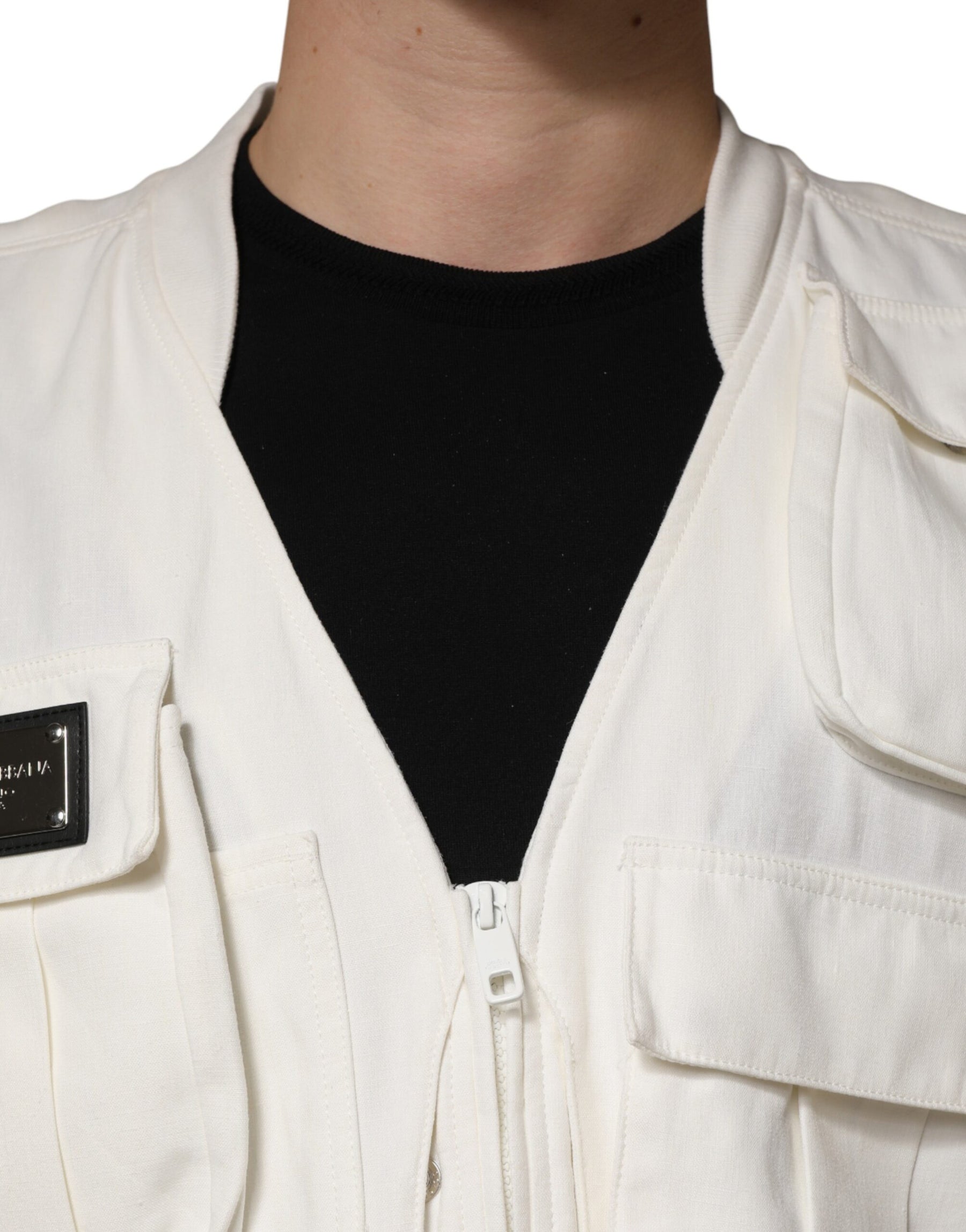 Dolce & Gabbana White Cotton Cargo Men Vest Coat Jacket | Regal Royce