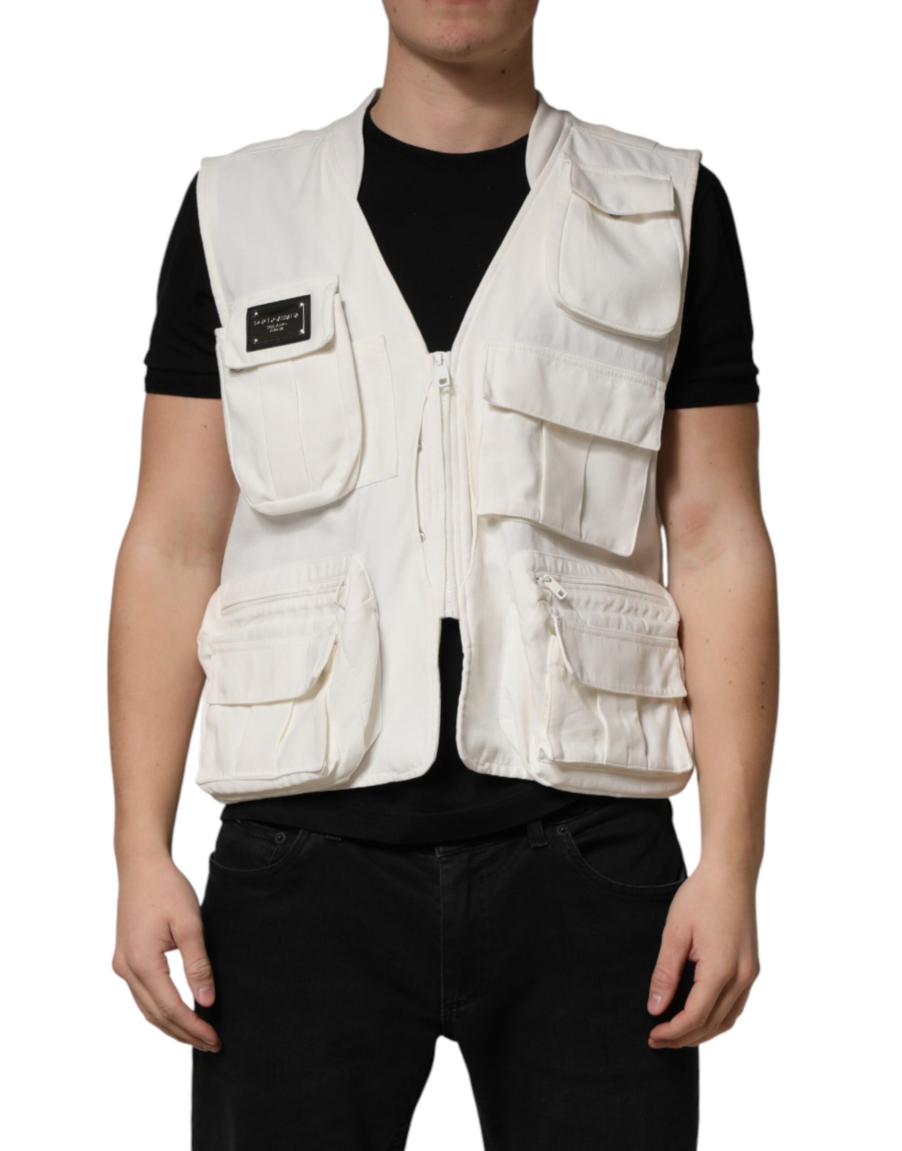Dolce & Gabbana White Cotton Cargo Men Vest Coat Jacket | Regal Royce