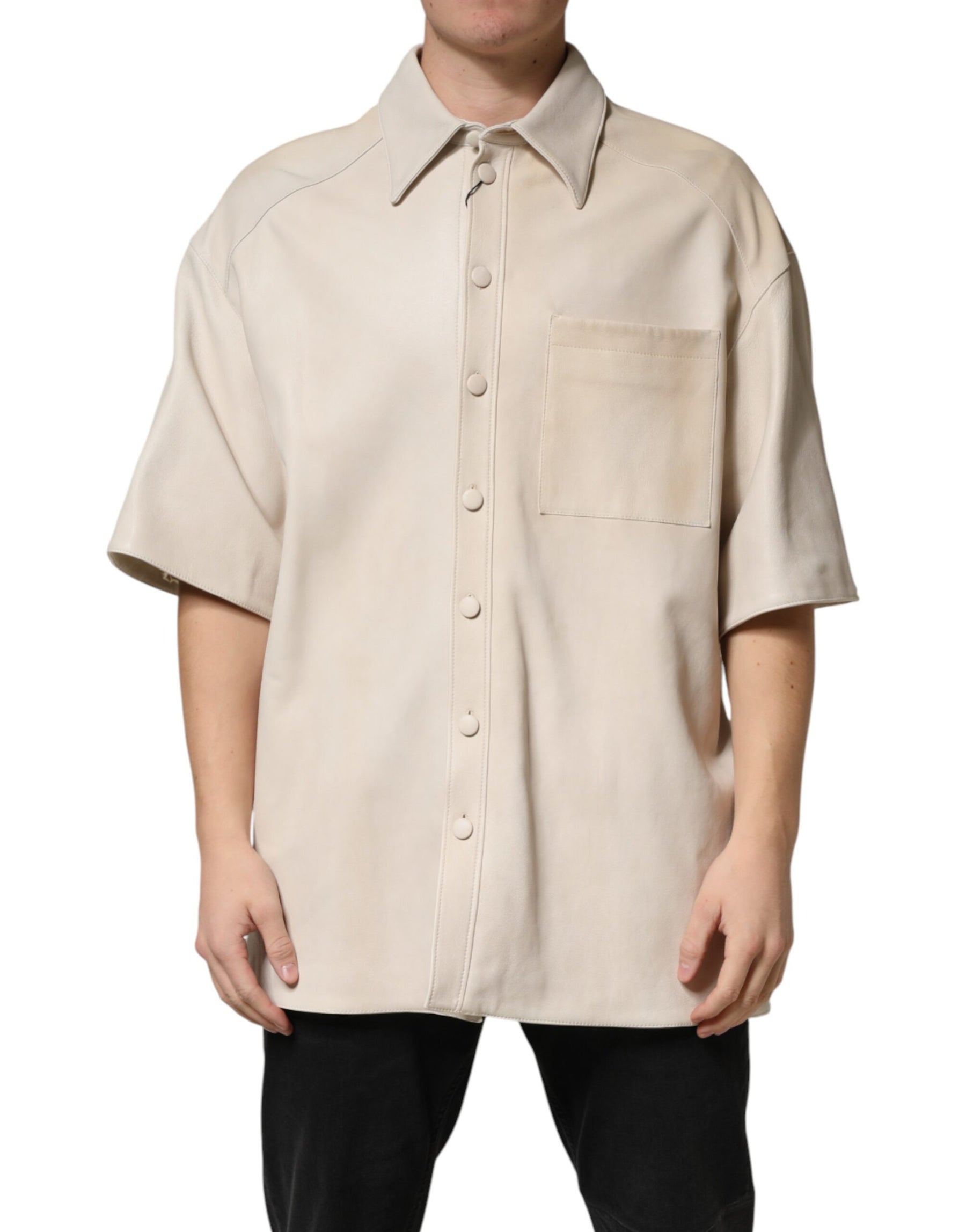 Dolce & Gabbana Beige Leather Button Down Men Casual Shirt | Regal Royce