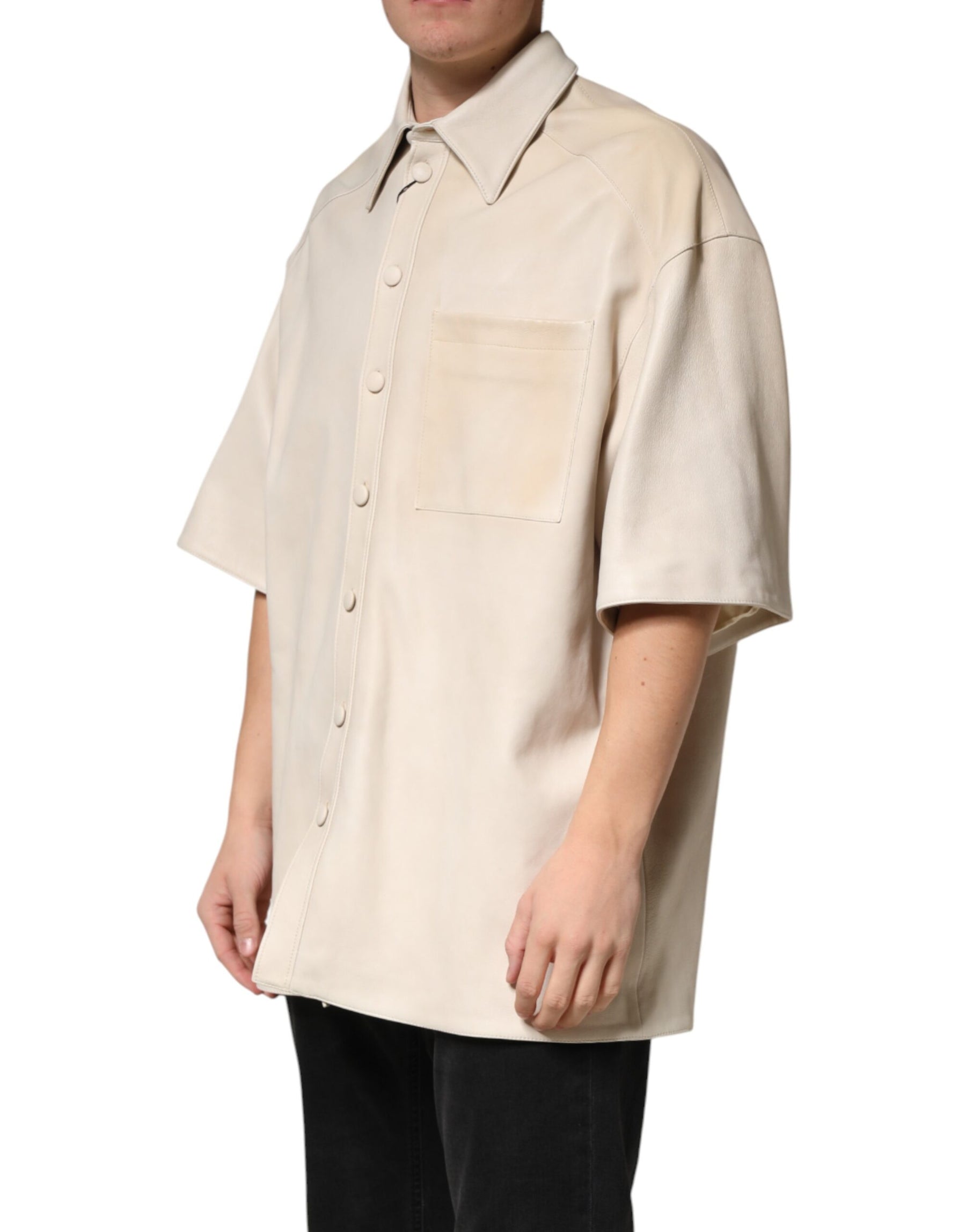 Dolce & Gabbana Beige Leather Button Down Men Casual Shirt | Regal Royce