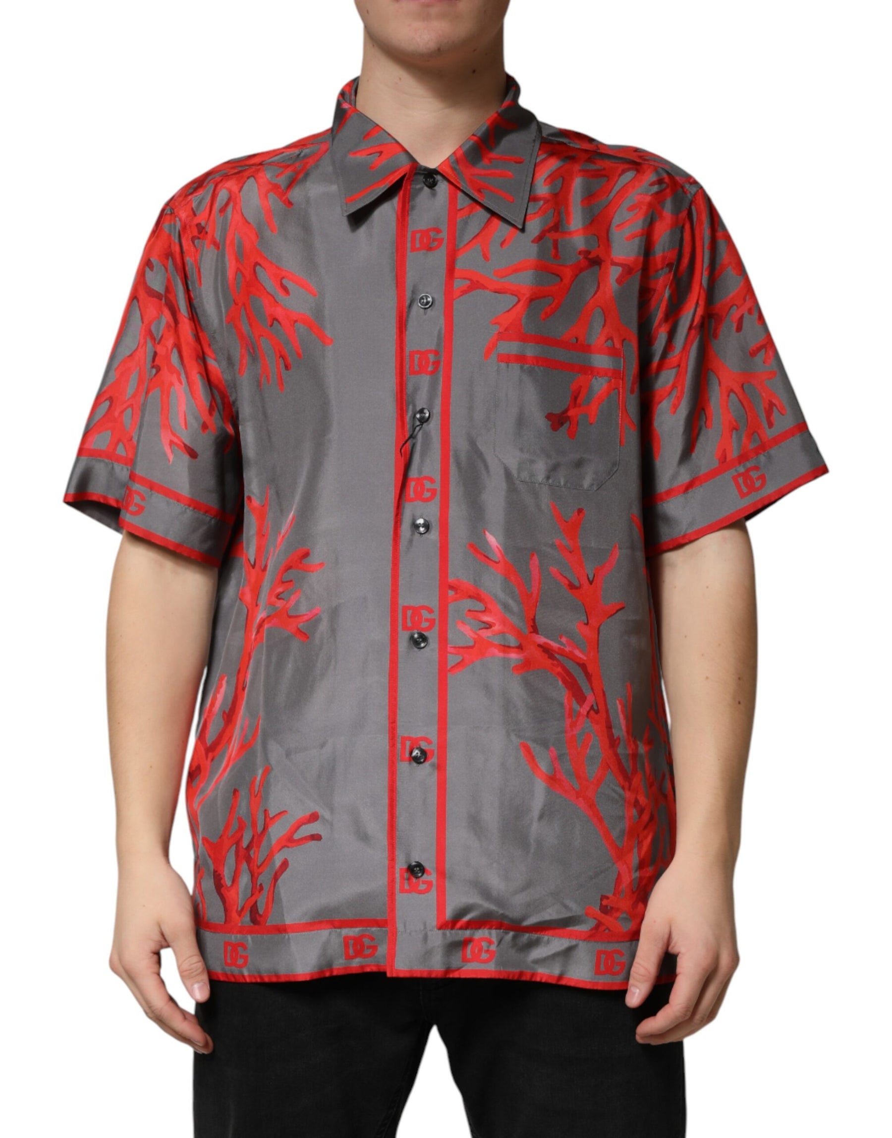 Dolce & Gabbana Gray Red Corals Short Sleeves Casual Shirt | Regal Royce
