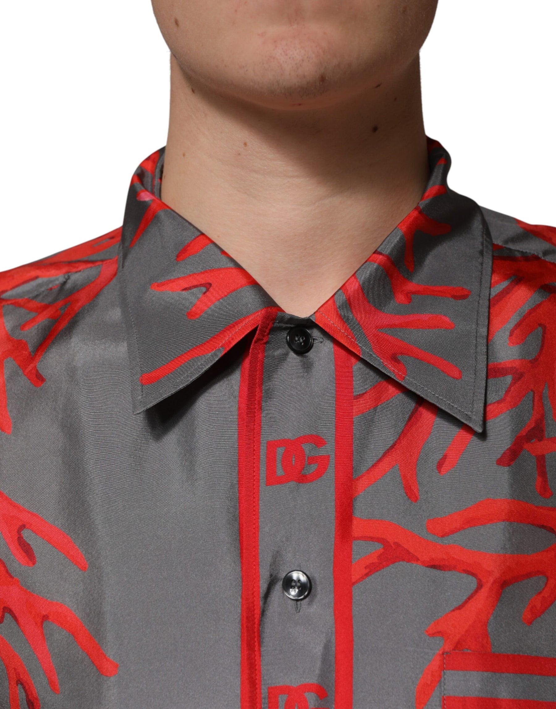 Dolce & Gabbana Gray Red Corals Short Sleeves Casual Shirt | Regal Royce