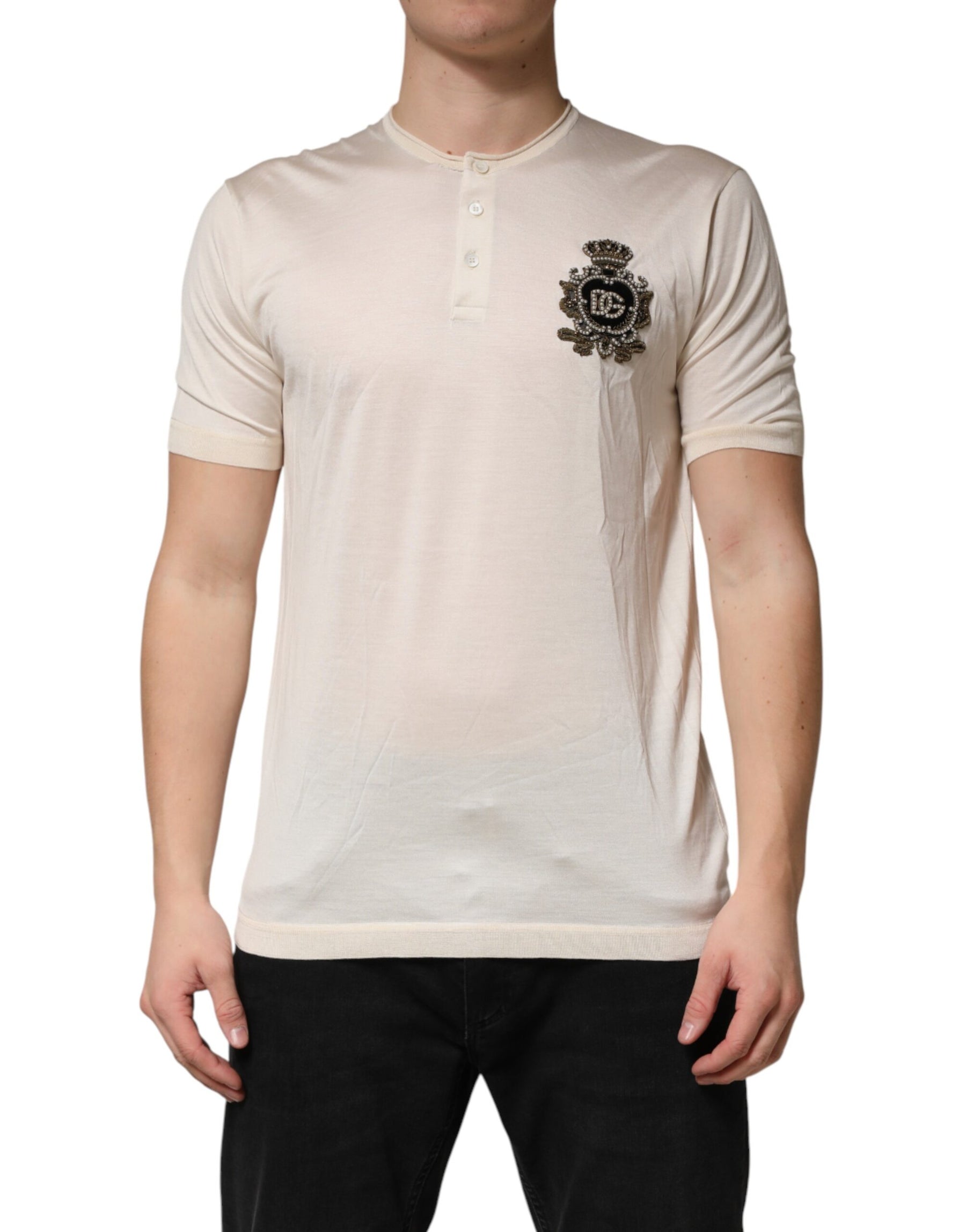 Dolce & Gabbana Off White Silk Logo Patch Men Henley T-shirt | Regal Royce