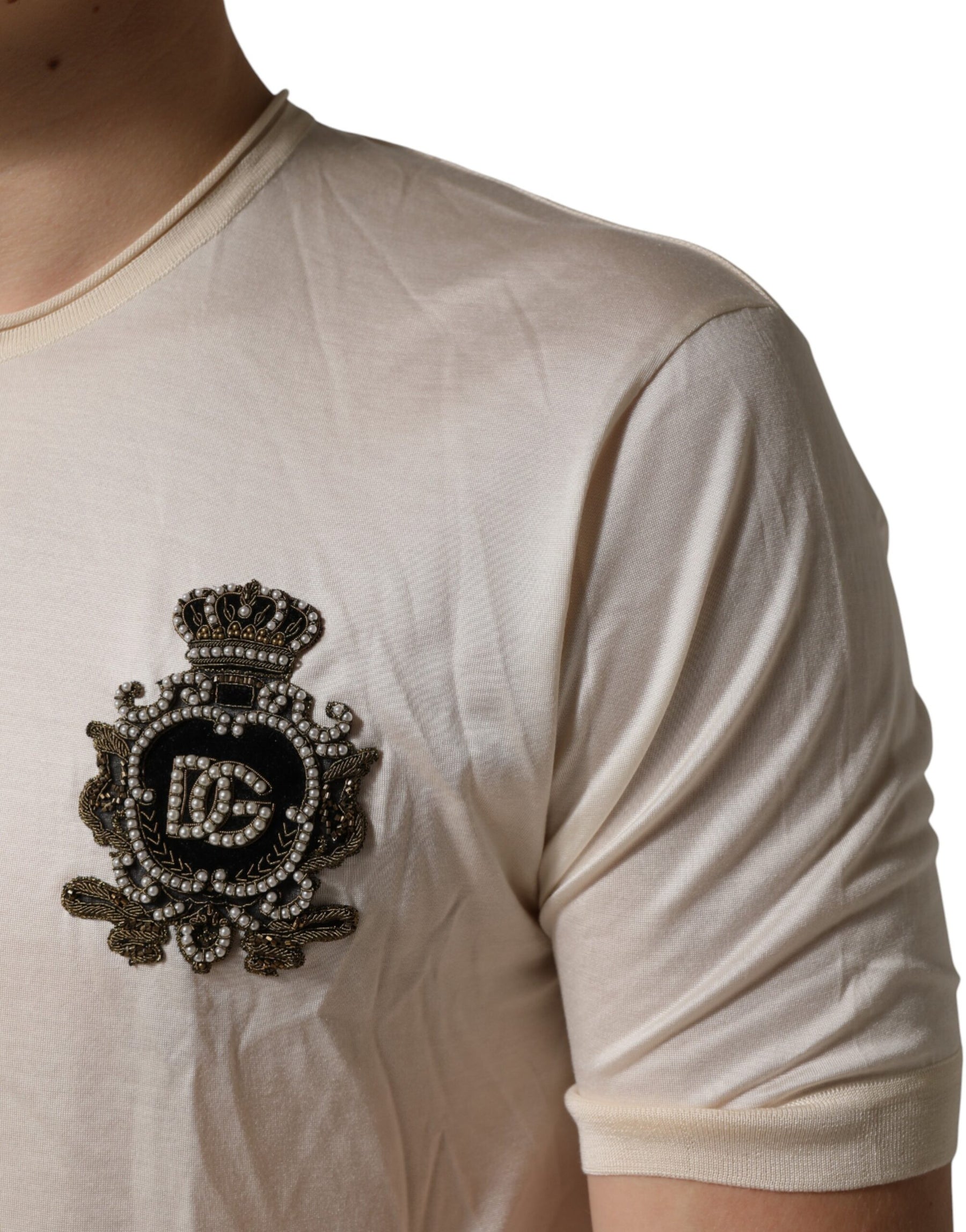 Dolce & Gabbana Off White Silk Logo Patch Men Henley T-shirt | Regal Royce