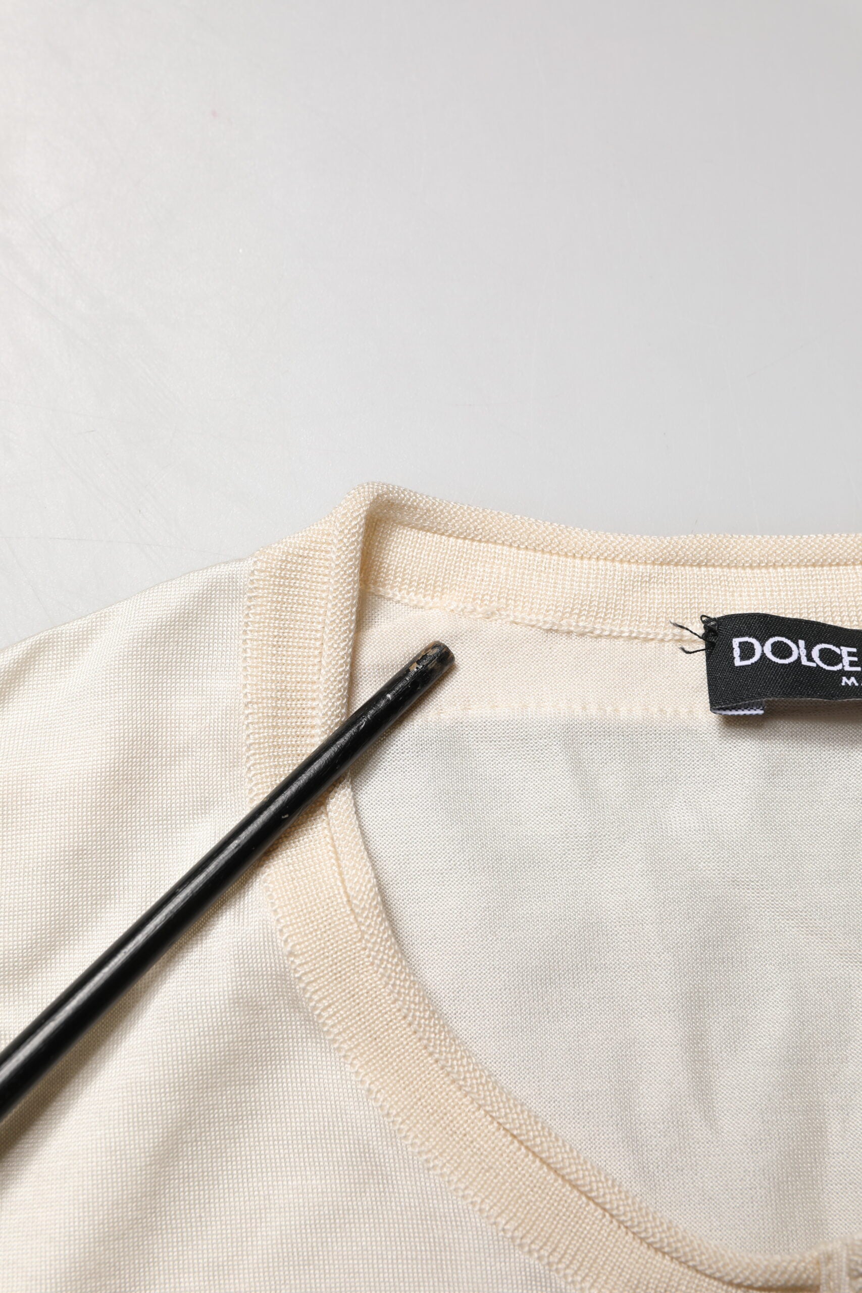Dolce & Gabbana Off White Silk Logo Patch Men Henley T-shirt | Regal Royce