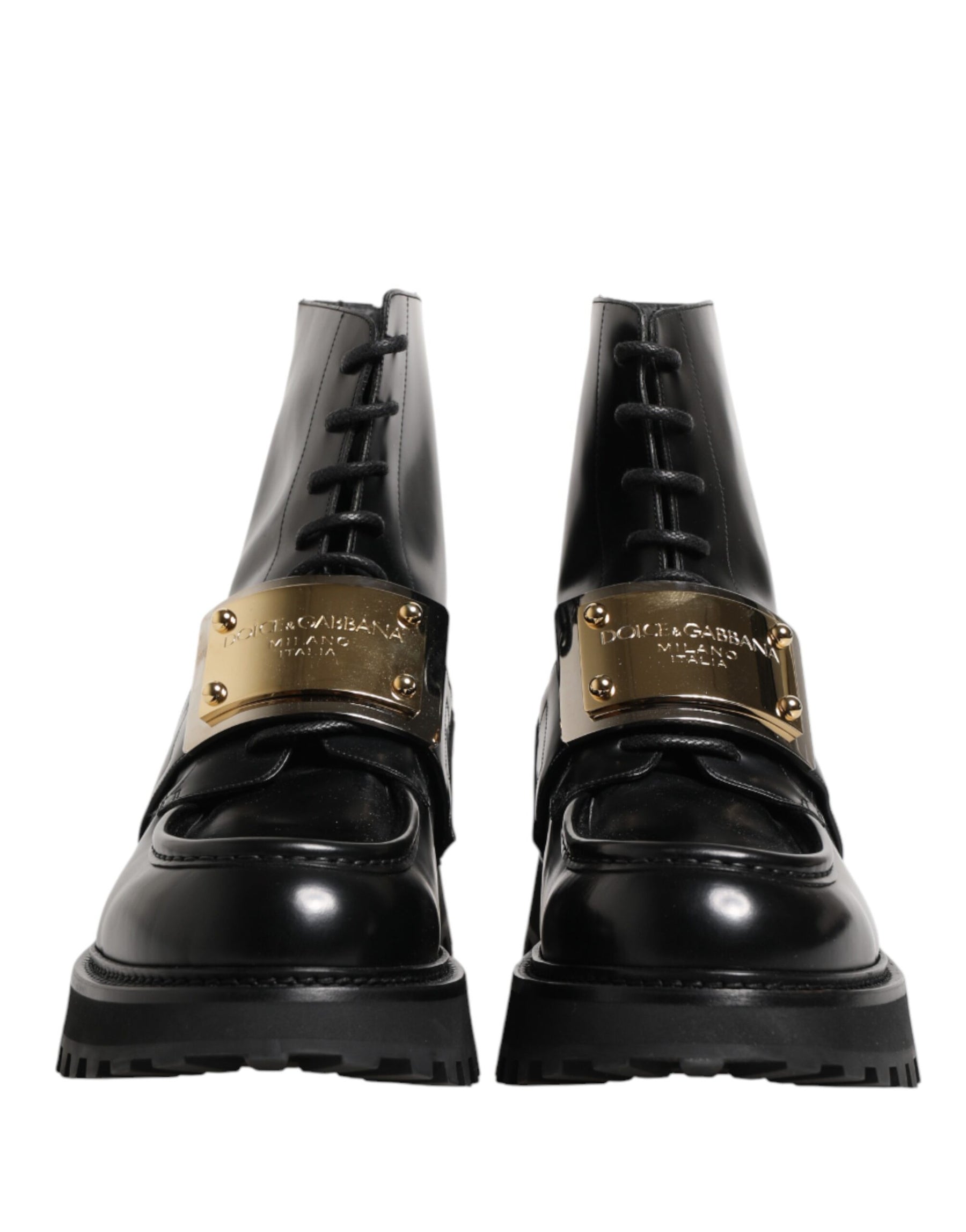 Dolce & Gabbana Black Leather DG Plaque Lace Up Boots Shoes | Regal Royce