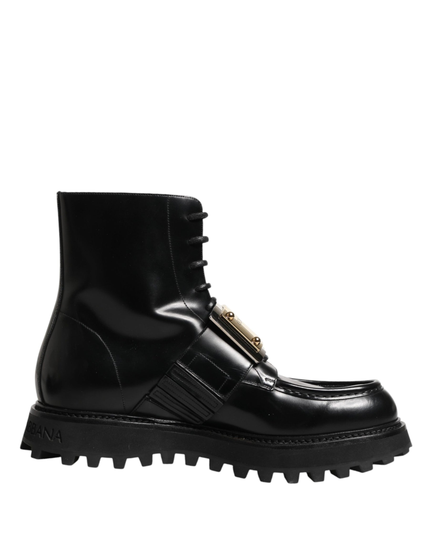 Dolce & Gabbana Black Leather DG Plaque Lace Up Boots Shoes | Regal Royce