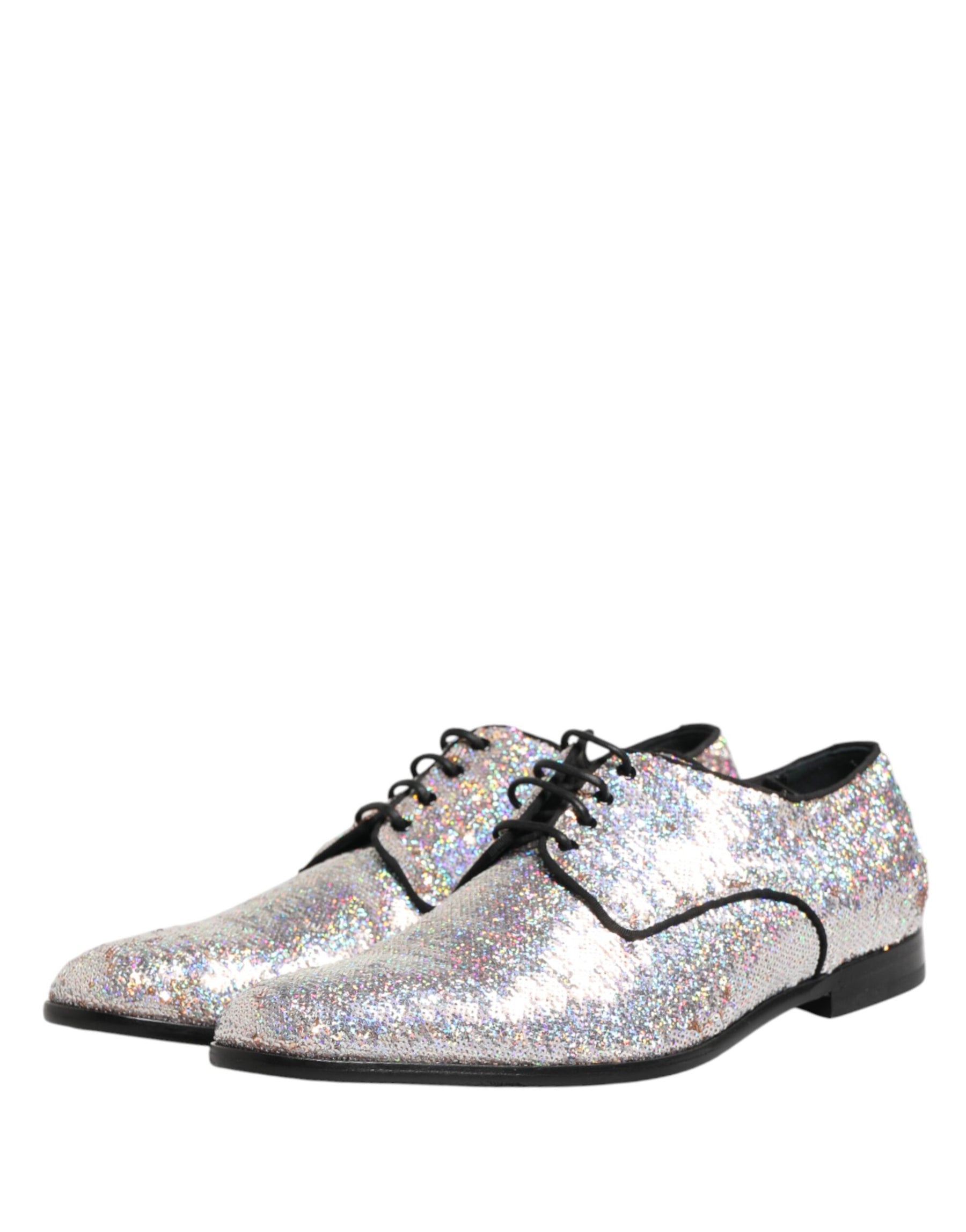 Dolce & Gabbana Silver Sequined Lace Up Men Derby Dress Shoes | Regal Royce