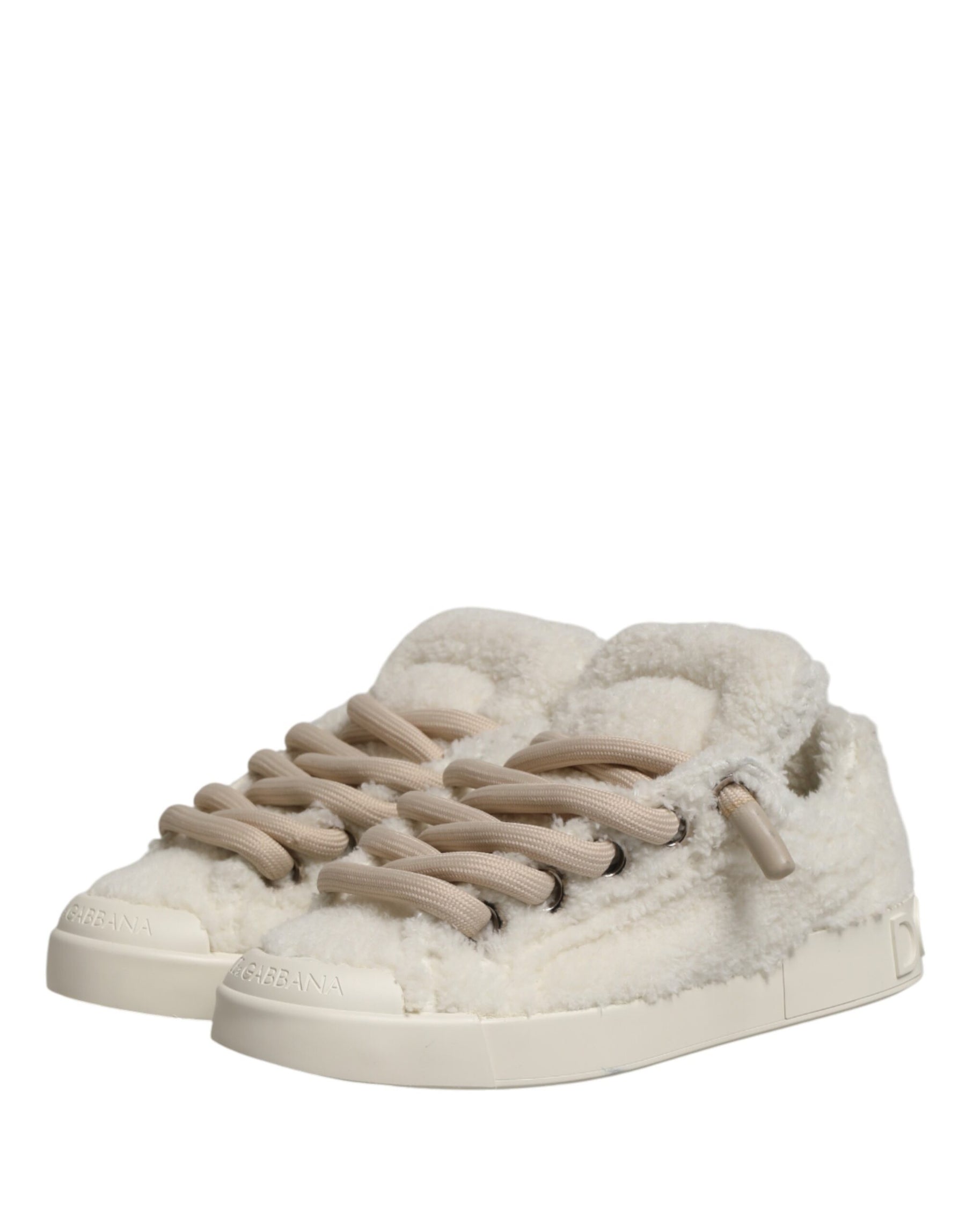 Dolce & Gabbana White Faux Shearling Low Top Sneakers  Shoes | Regal Royce
