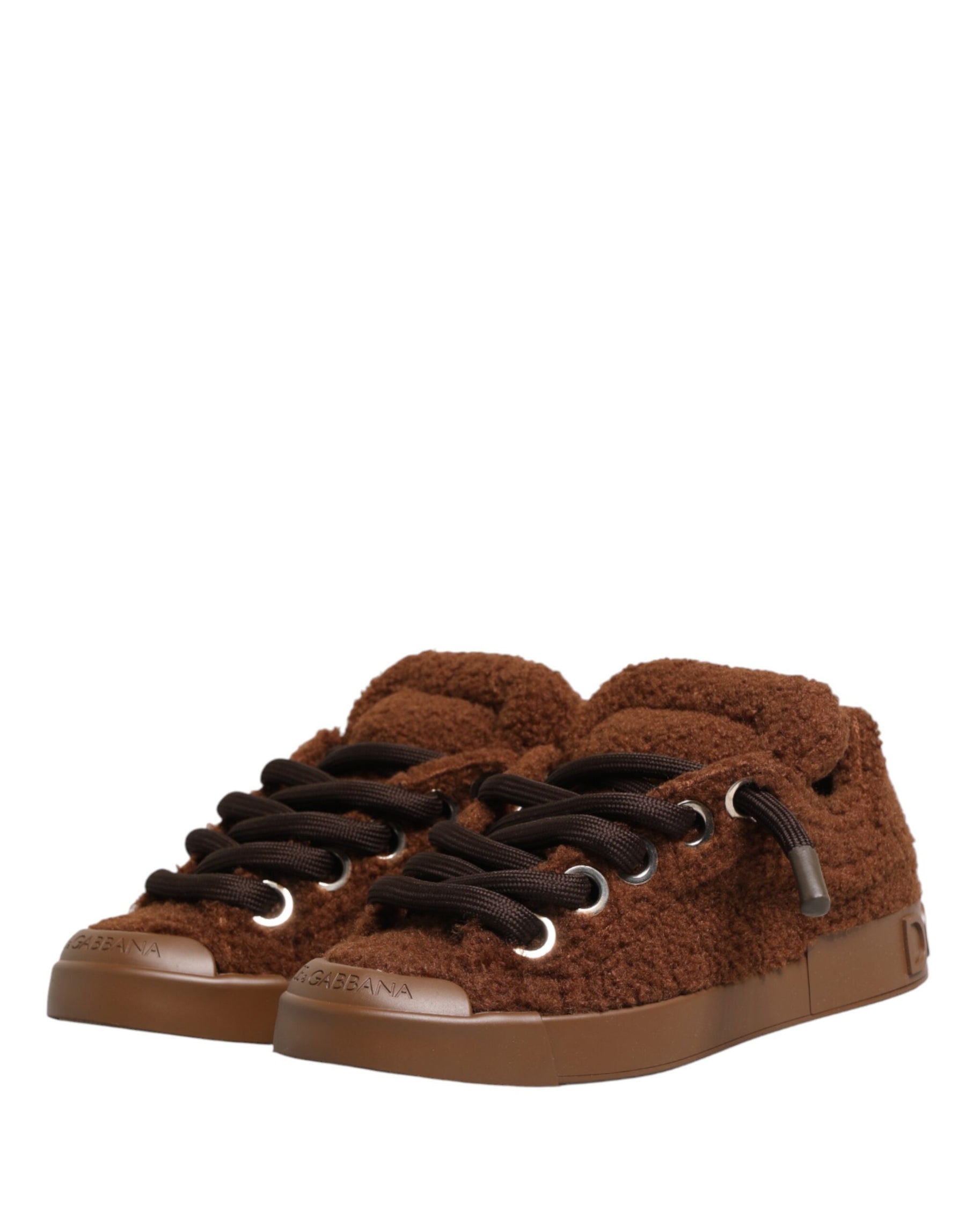 Dolce & Gabbana Brown Faux Shearling Low Top Sneakers Shoes | Regal Royce