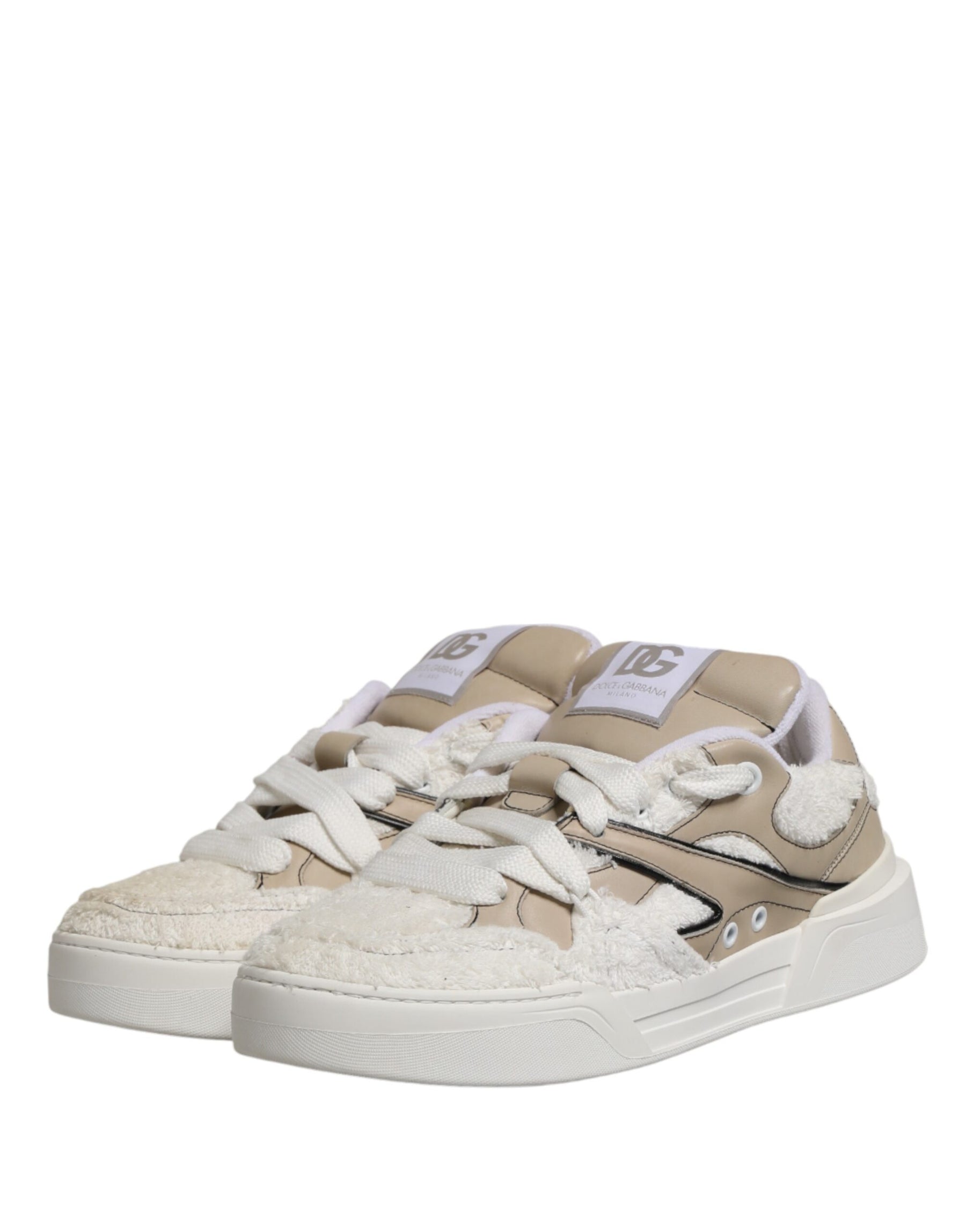 Dolce & Gabbana White Beige Faux Shearling Low Top Sneakers Shoes | Regal Royce