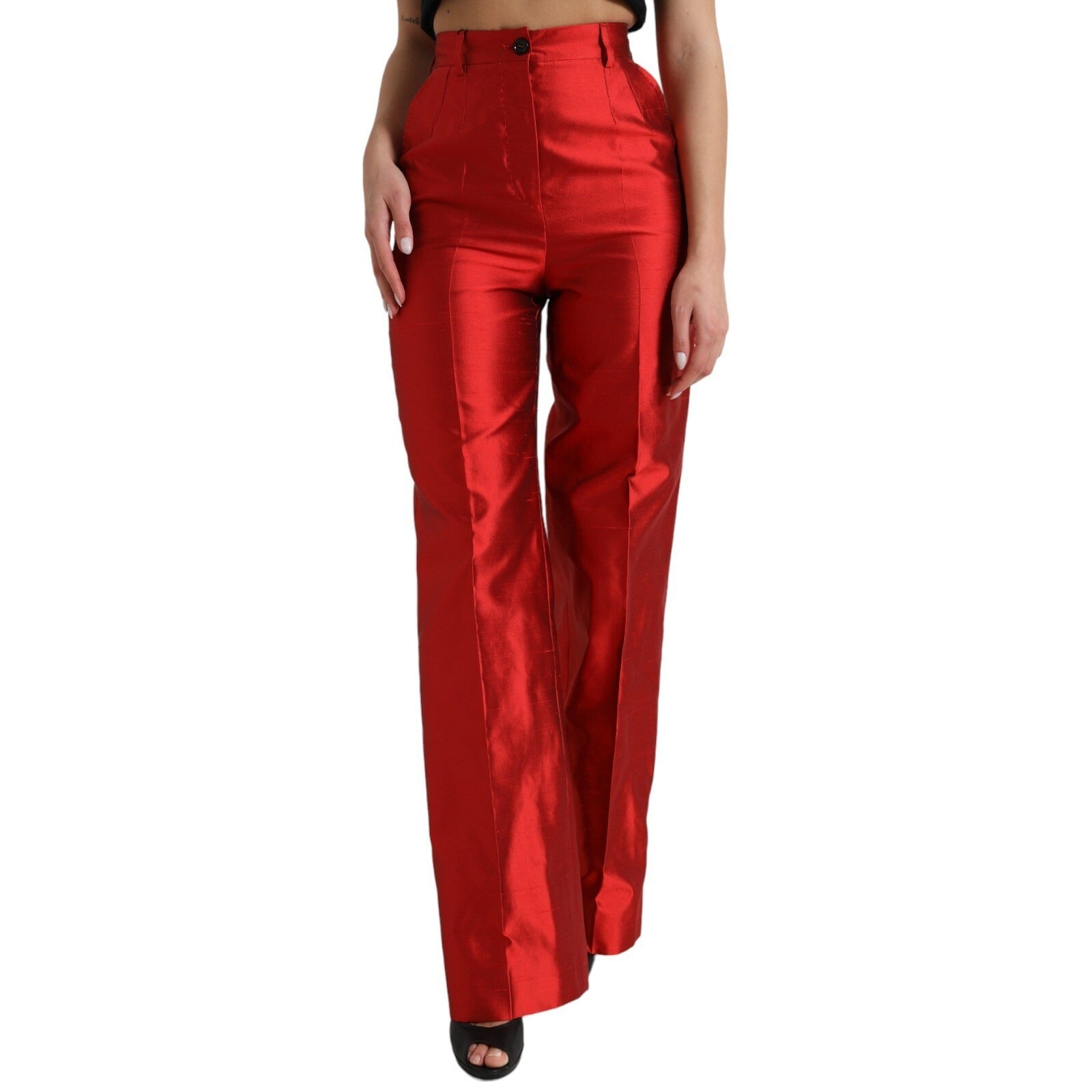 Dolce & Gabbana Red Satin Silk High Waist Wide Leg Pants | Regal Royce