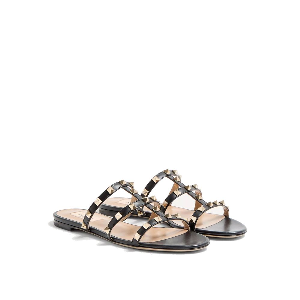 Valentino Garavani Black Calfskin Flat Sandals | Regal Royce
