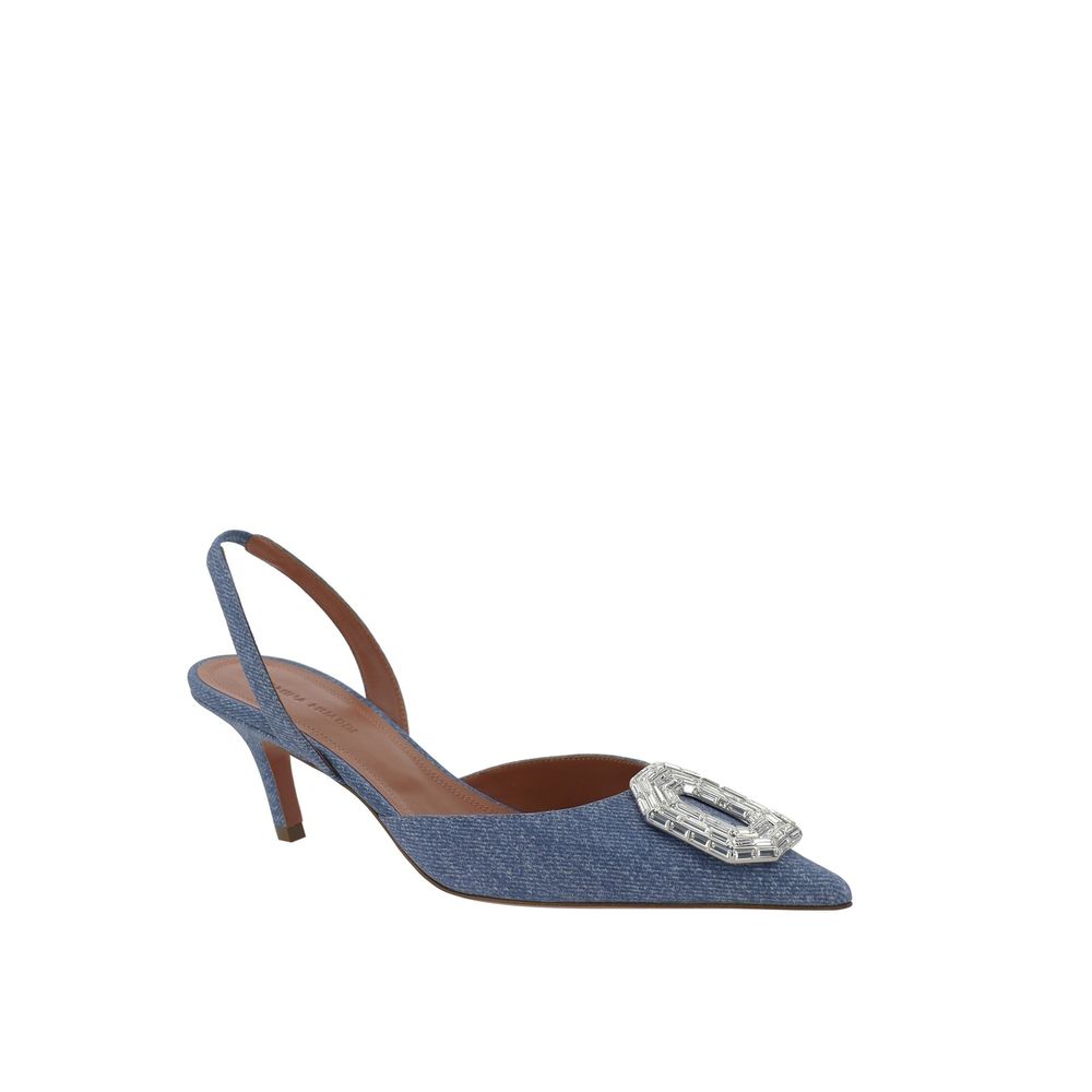 Amina Muaddi Blue Nubuc Leather Mid Heel Pumps | Regal Royce