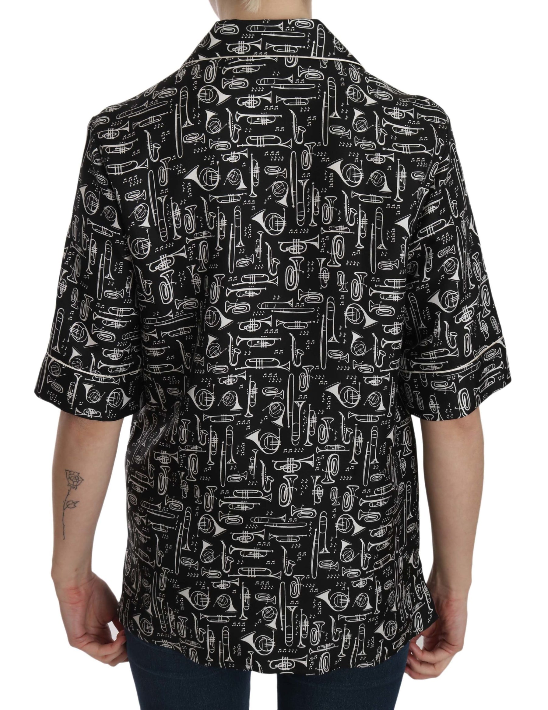Dolce & Gabbana Black Musical Instrument Print Silk  Top | Regal Royce