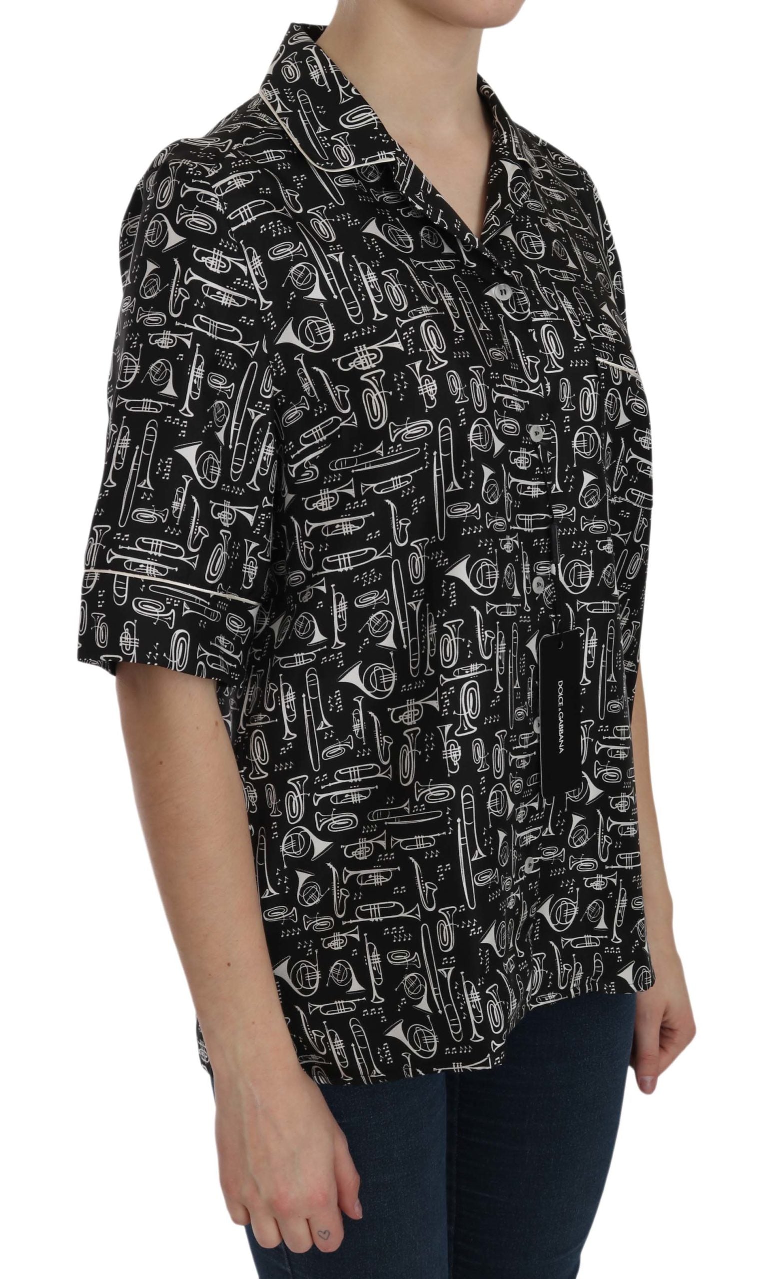 Dolce & Gabbana Black Musical Instrument Print Silk  Top | Regal Royce