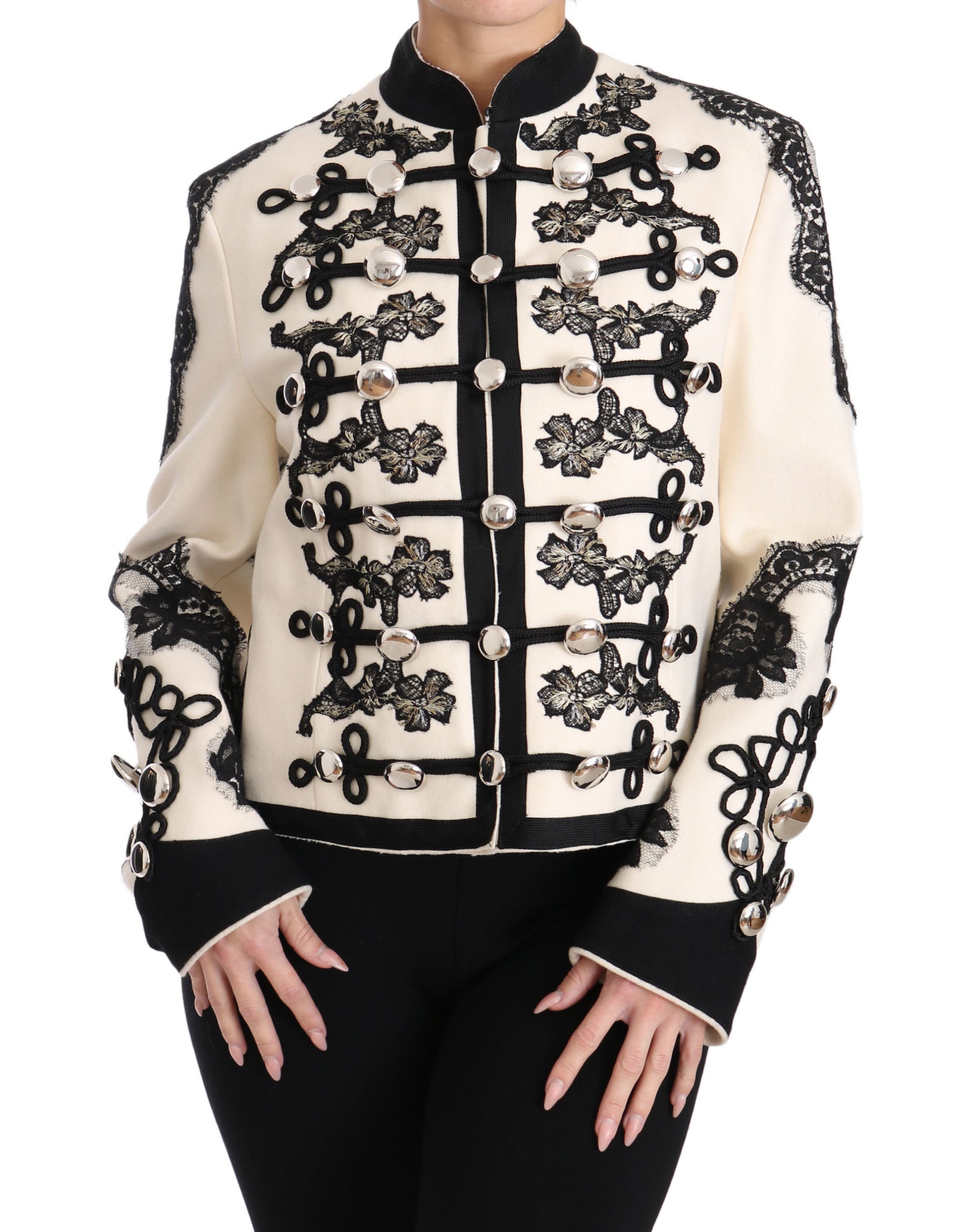 Dolce & Gabbana White Wool Black Floral Baroque Jacket | Regal Royce