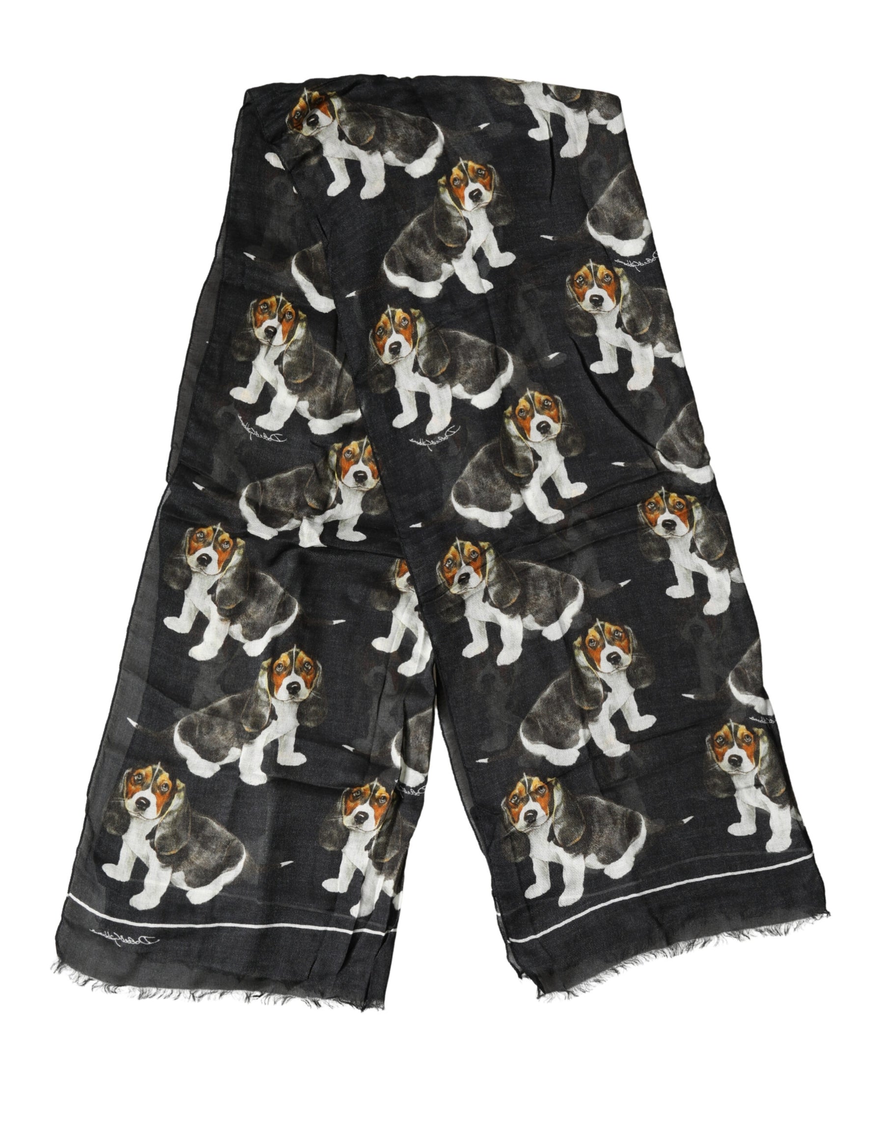 Dolce & Gabbana Black Modal Wool Dog Print Fringed 178cm x 64cm Scarf | Regal Royce