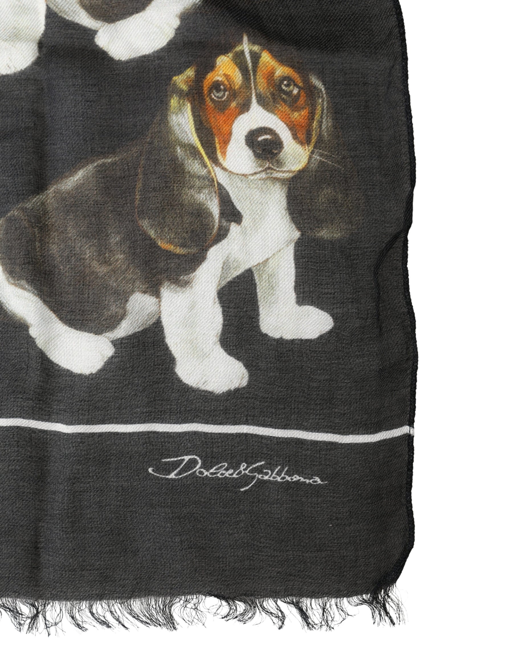 Dolce & Gabbana Black Modal Wool Dog Print Fringed 178cm x 64cm Scarf | Regal Royce