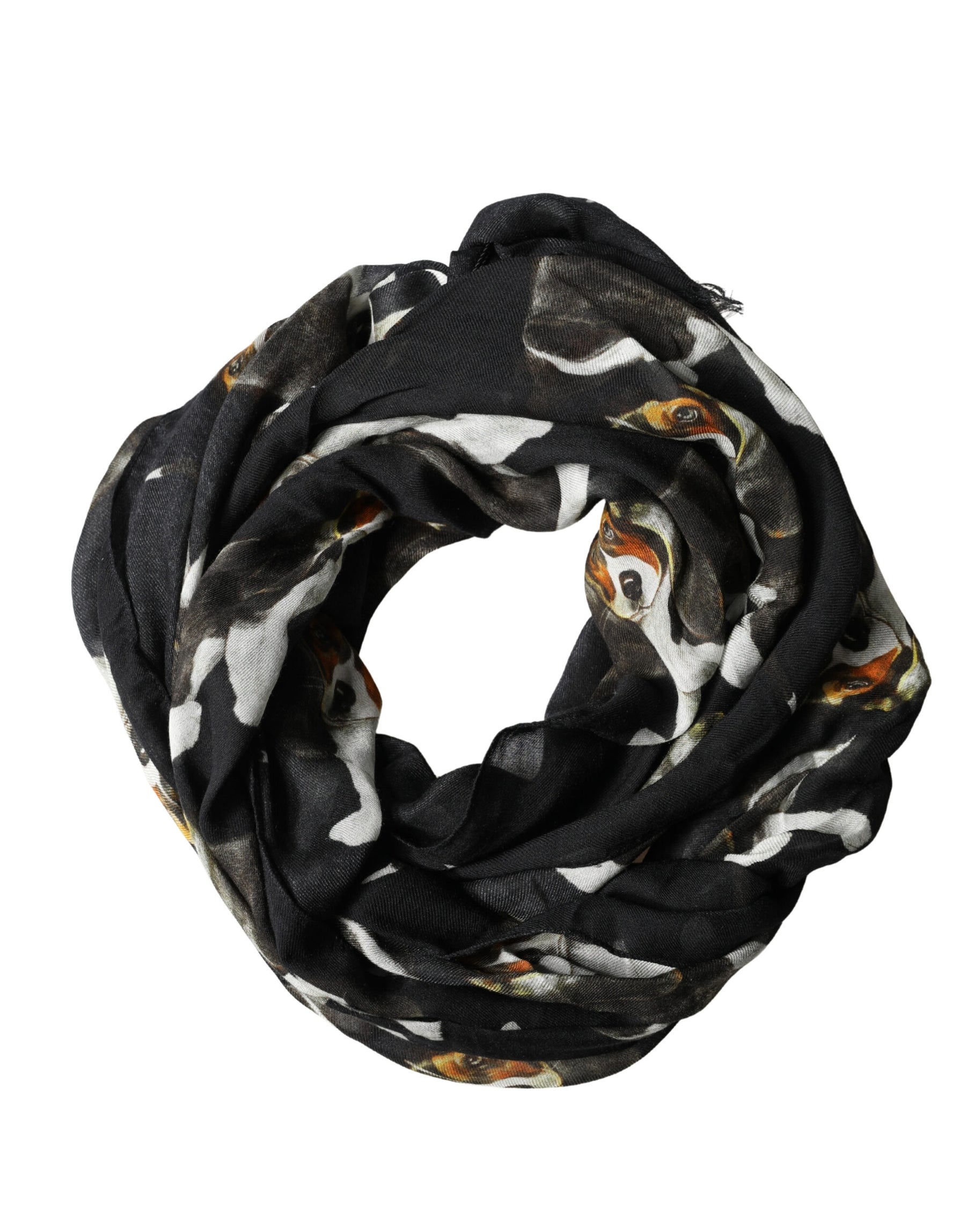 Dolce & Gabbana Black Modal Wool Dog Print Fringed 178cm x 64cm Scarf | Regal Royce