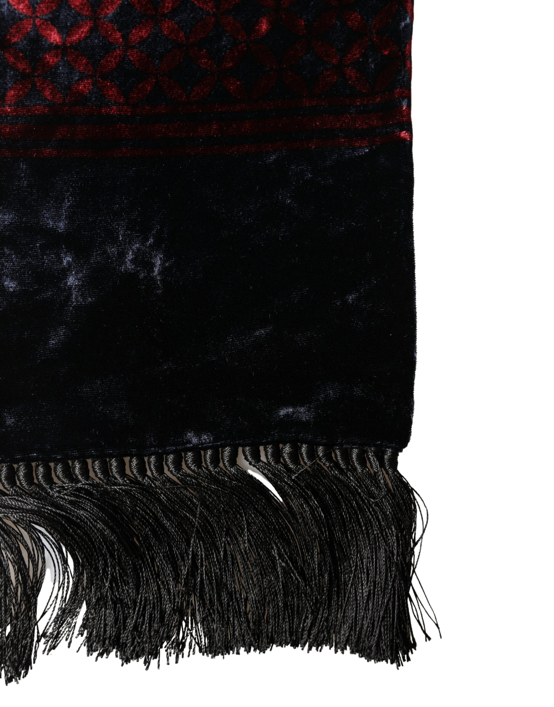 Dolce & Gabbana Black Red Rayon Geometric Pattern Fringe 140cm X 16cm  Scarf | Regal Royce