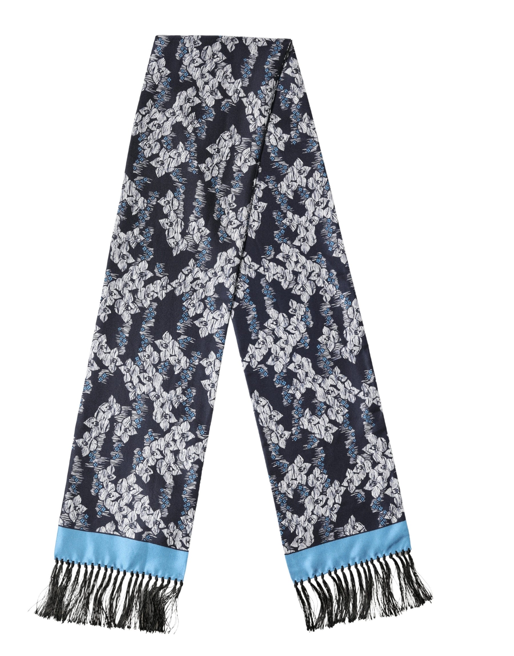 Dolce & Gabbana Black Blue Silk Floral Pattern Fringe 140cm x 16cm  Scarf | Regal Royce