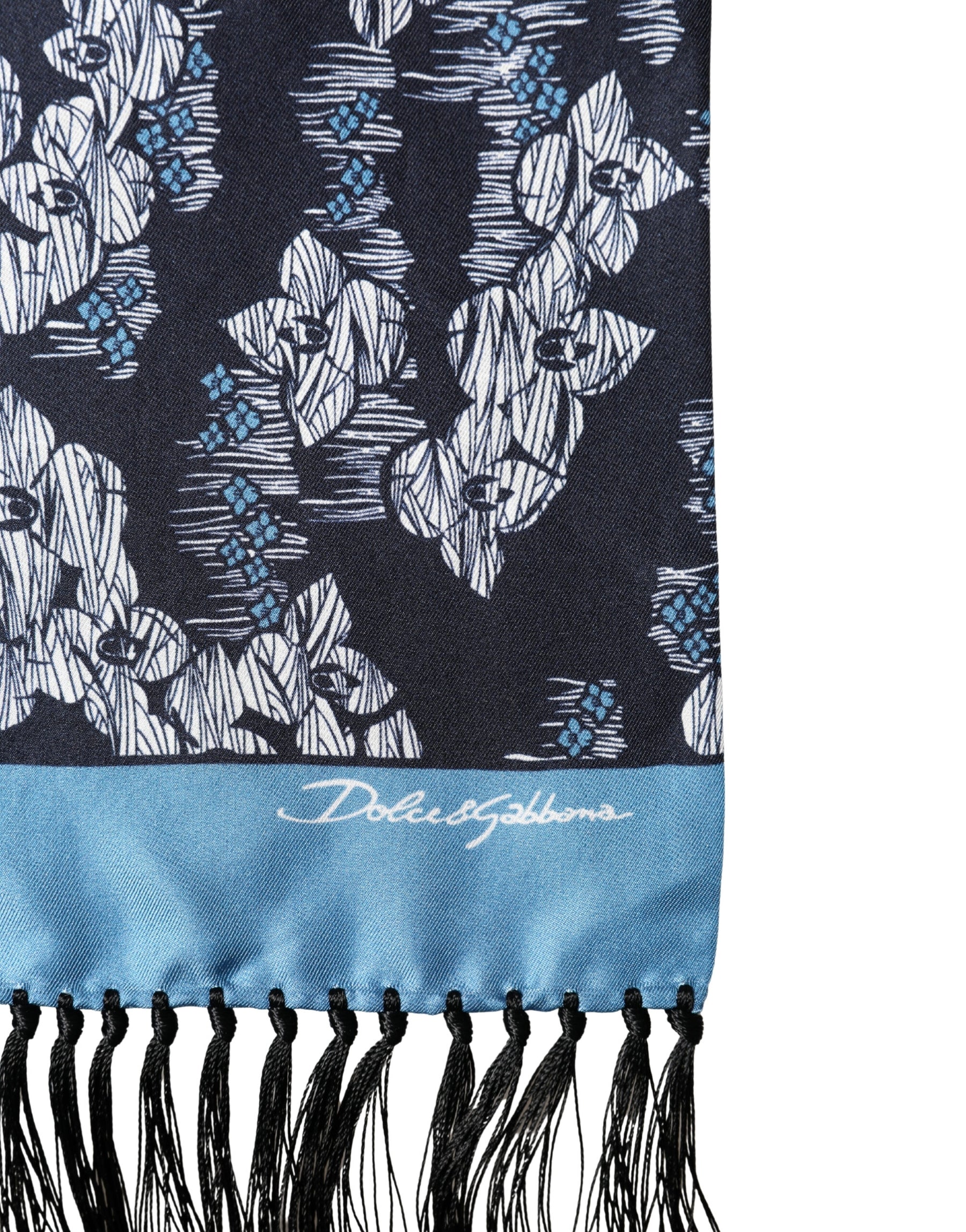 Dolce & Gabbana Black Blue Silk Floral Pattern Fringe 140cm x 16cm  Scarf | Regal Royce
