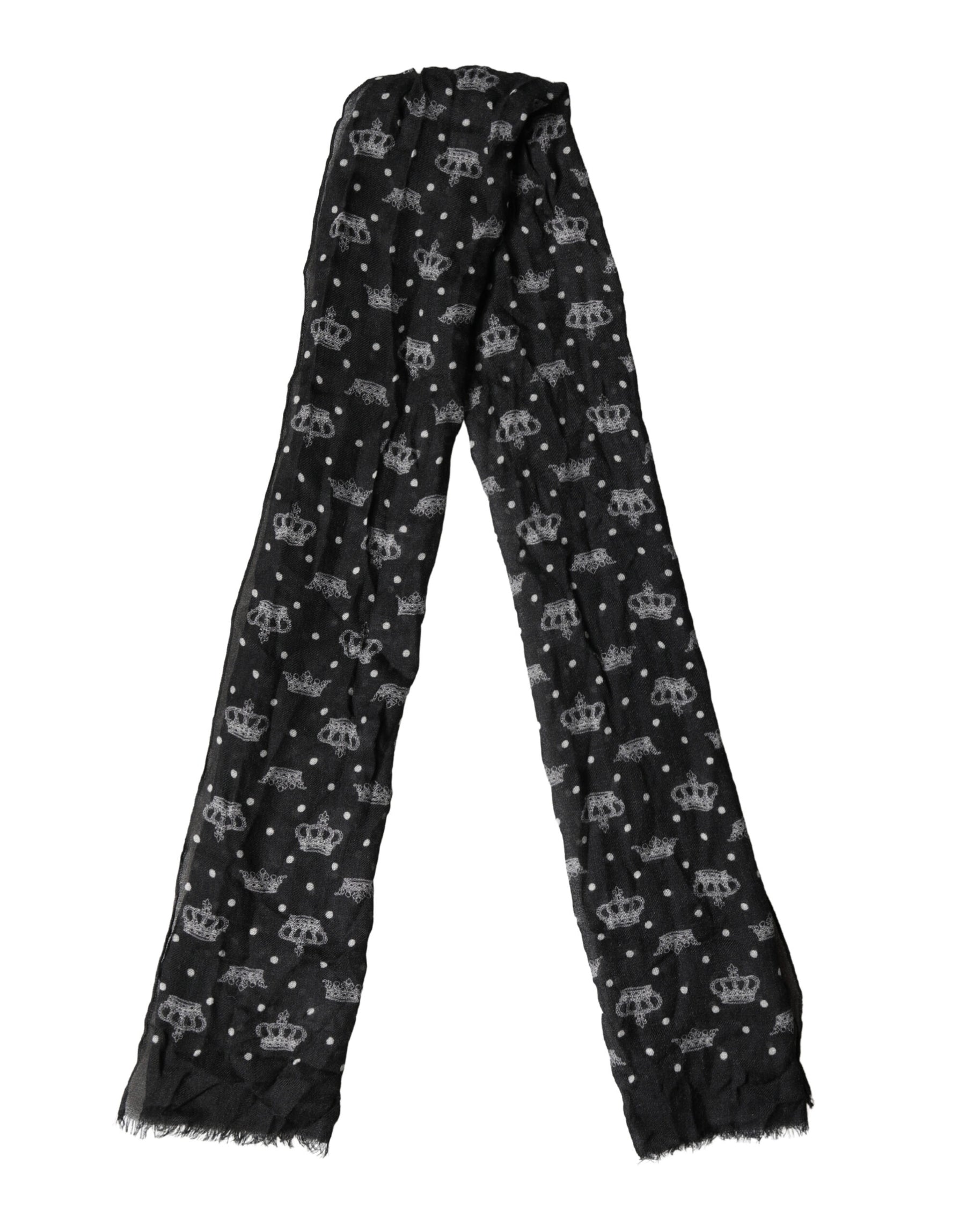 Dolce & Gabbana Black Wool Crown Print Fringe Neck Wrap 180cm x 65cm Scarf | Regal Royce