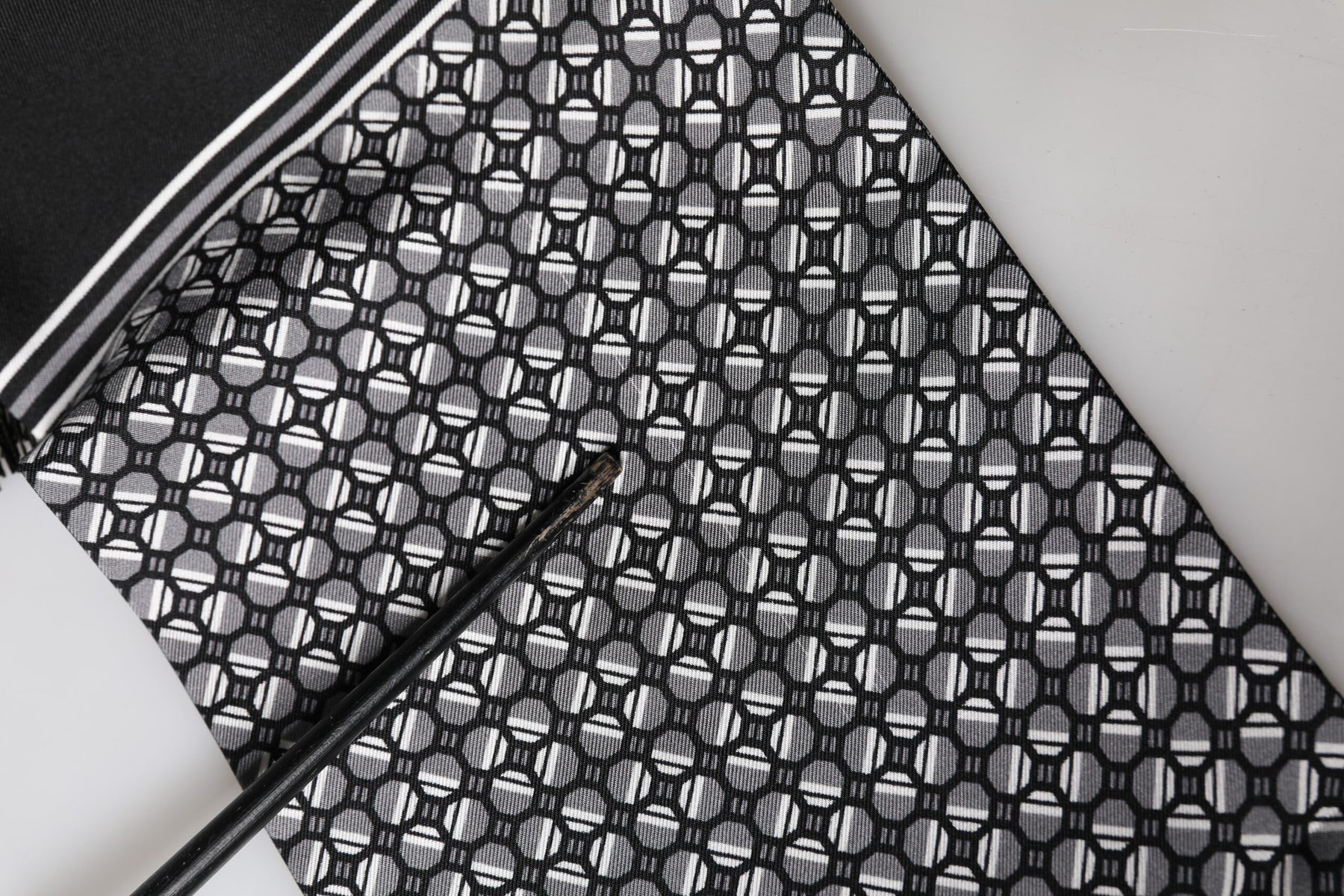 Dolce & Gabbana Black Silk Geometric Fringed Foulard 140cm x 15cm Scarf | Regal Royce