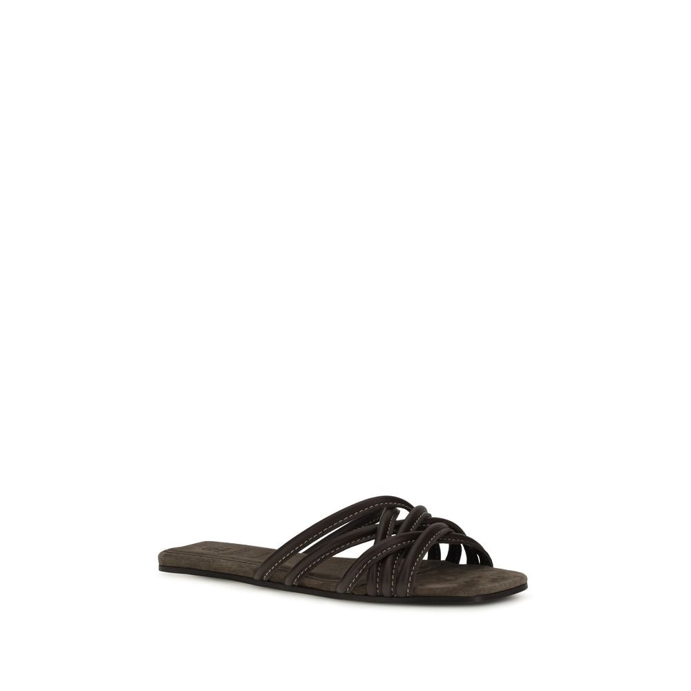 Brunello Cucinelli Brown Calf Leather Bos Taurus Flat Sandals | Regal Royce