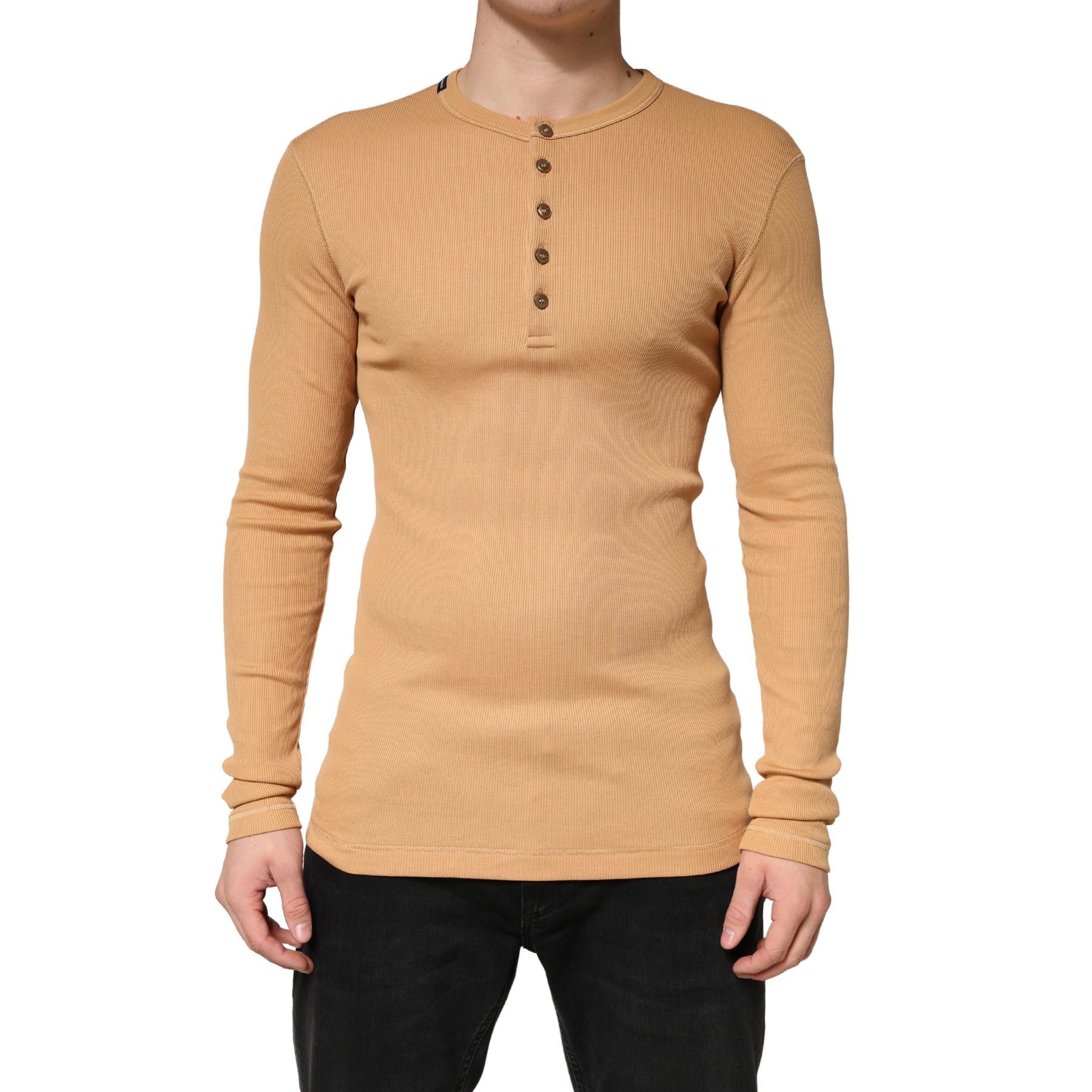 Dolce & Gabbana Camel Ribbed Cotton Long Sleeve Henley Sweater | Regal Royce