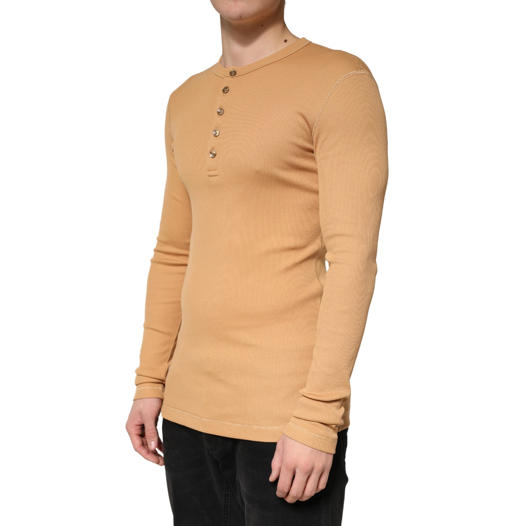 Dolce & Gabbana Camel Ribbed Cotton Long Sleeve Henley Sweater | Regal Royce
