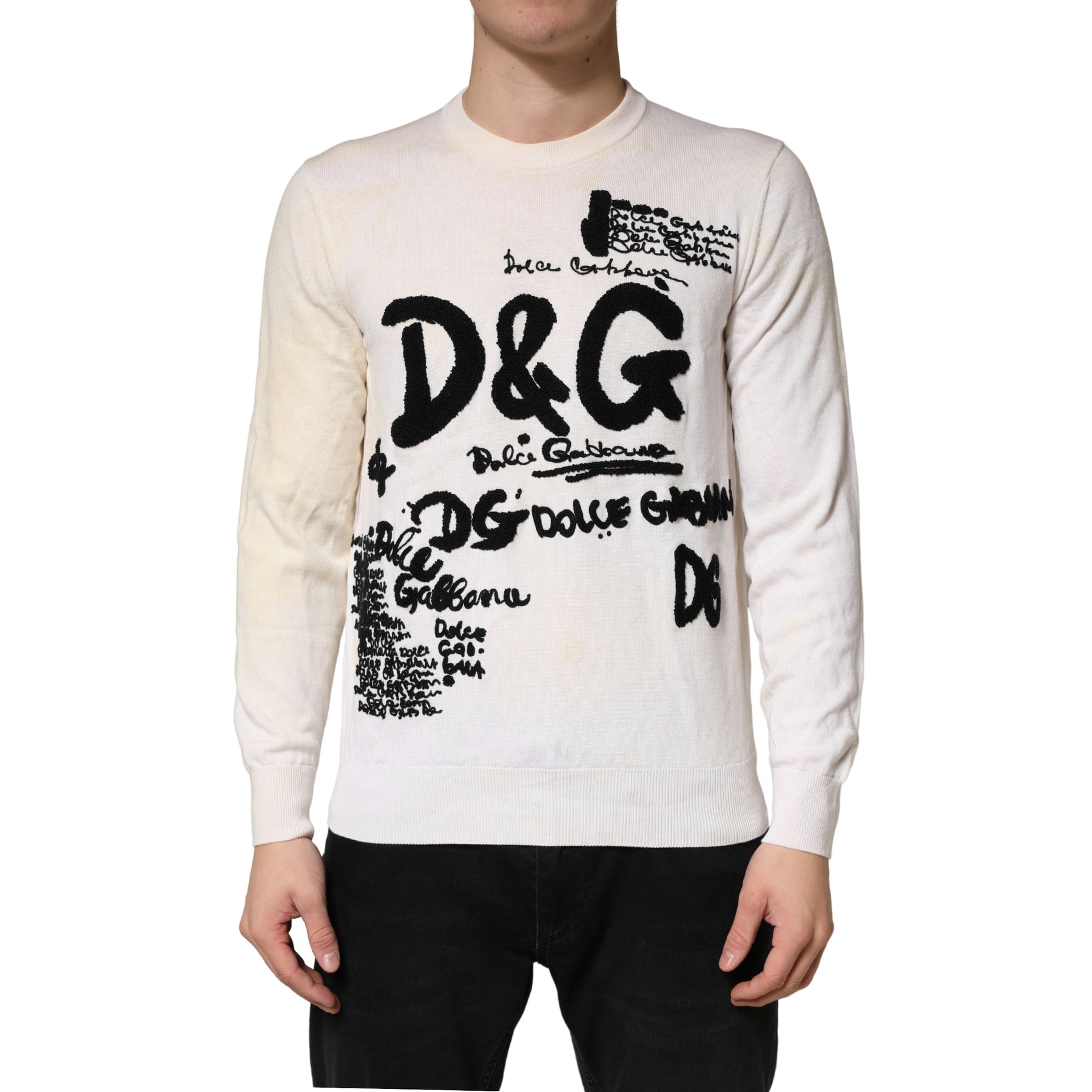 Dolce & Gabbana White Virgin Wool Graphic Logo Crewneck Sweater | Regal Royce