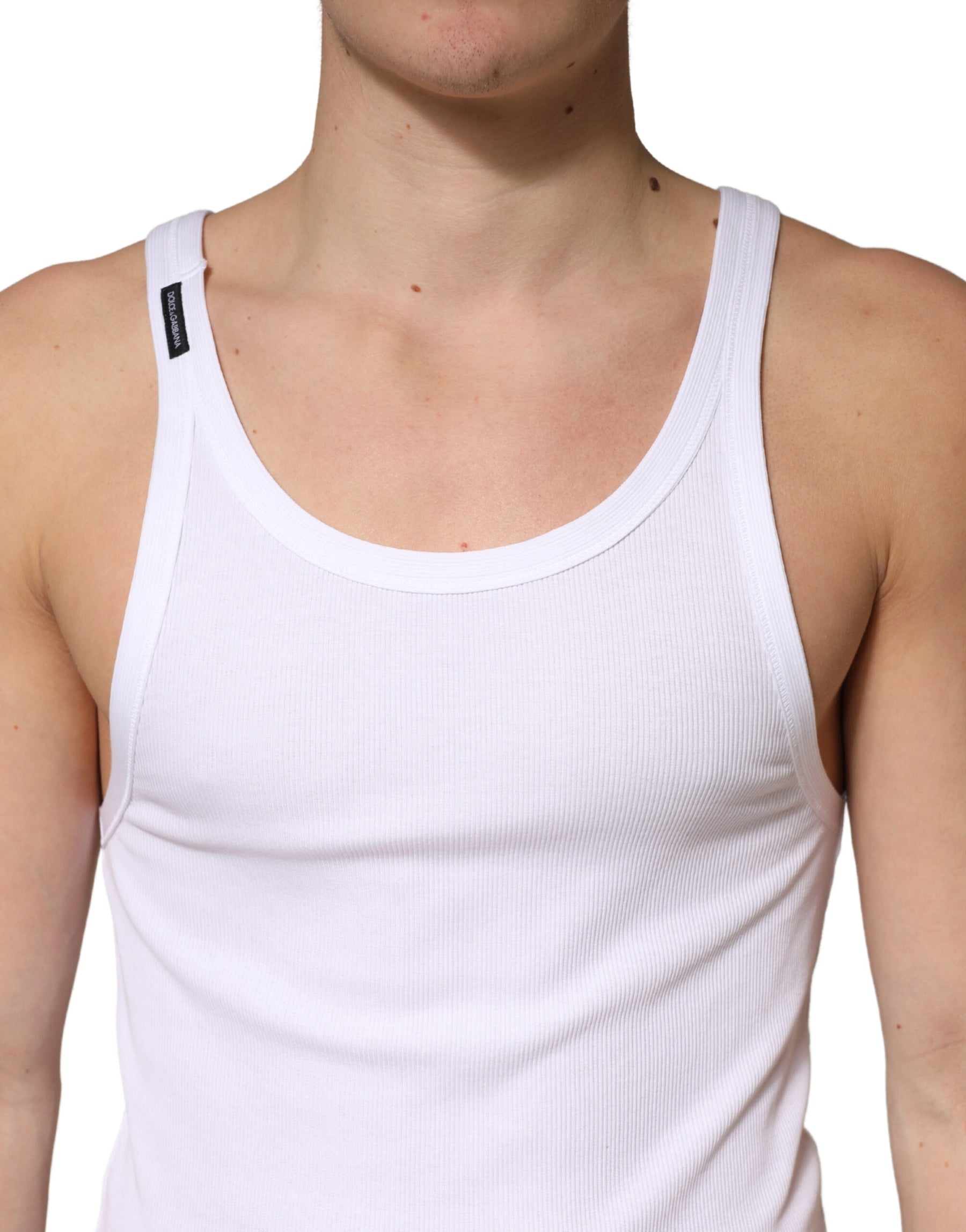 Dolce & Gabbana White Ribbed Cotton Sleeveless Tank Top T-shirt | Regal Royce